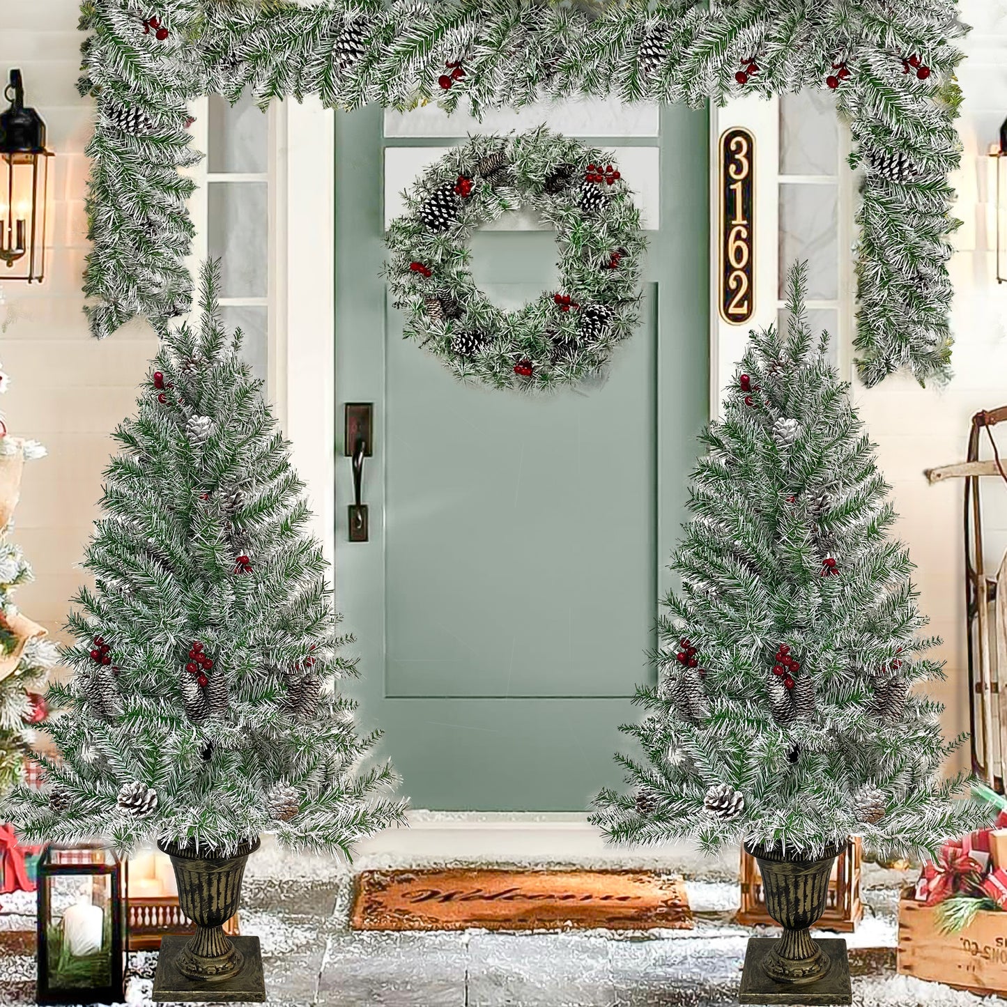 SESSLIFE 4pc Christmas Decoration Set, 2 Pre-lit Christmas Trees(4ft), 9ft Garland and 20in Diameter Wreath, Indoor Outdoor Christmas Decoration for Home Party Office, Green