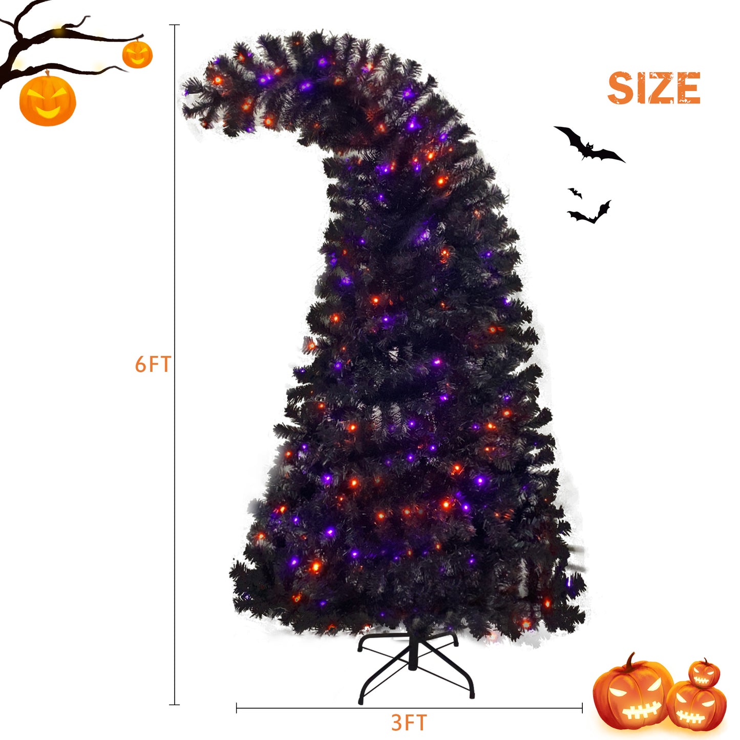 Artificial Halloween Christmas Tree, 6ft Black Christmas Tree with 300 LED Lights, Bendable Style Christmas Tree for Seasonal Holiday Decoration Tree