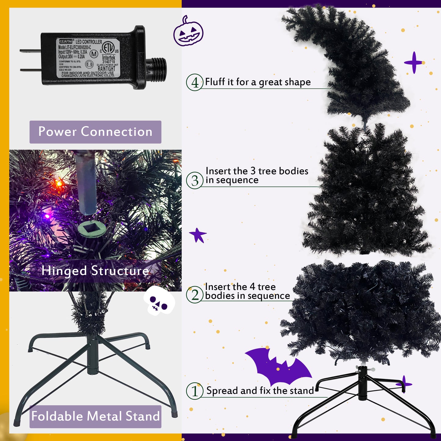 Artificial Halloween Christmas Tree, 6ft Black Christmas Tree with 300 LED Lights, Bendable Style Christmas Tree for Seasonal Holiday Decoration Tree