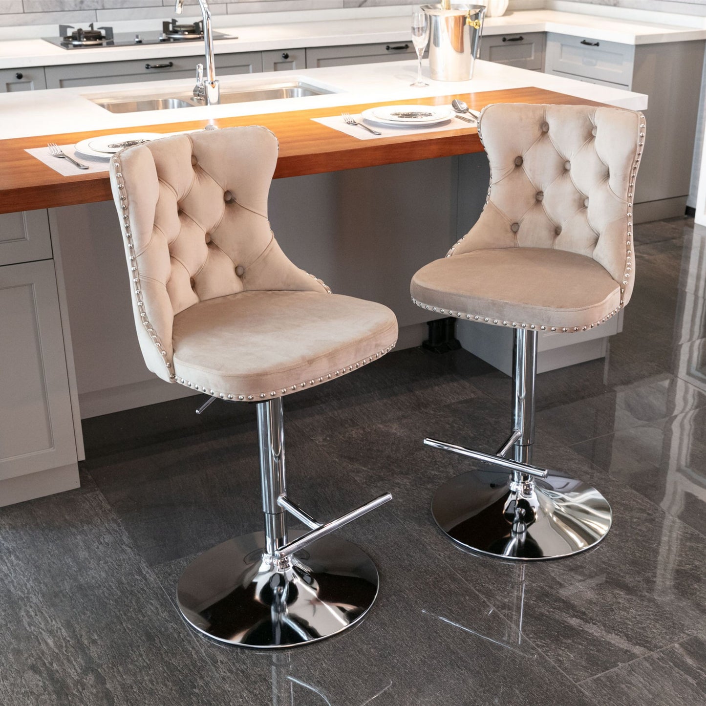 Swivel Velvet Bar Stools, Chrome Base Barstools Set of 2 with Tufted Backs, Modern Upholstered Adjustable Seat for Home Pub and Kitchen Island