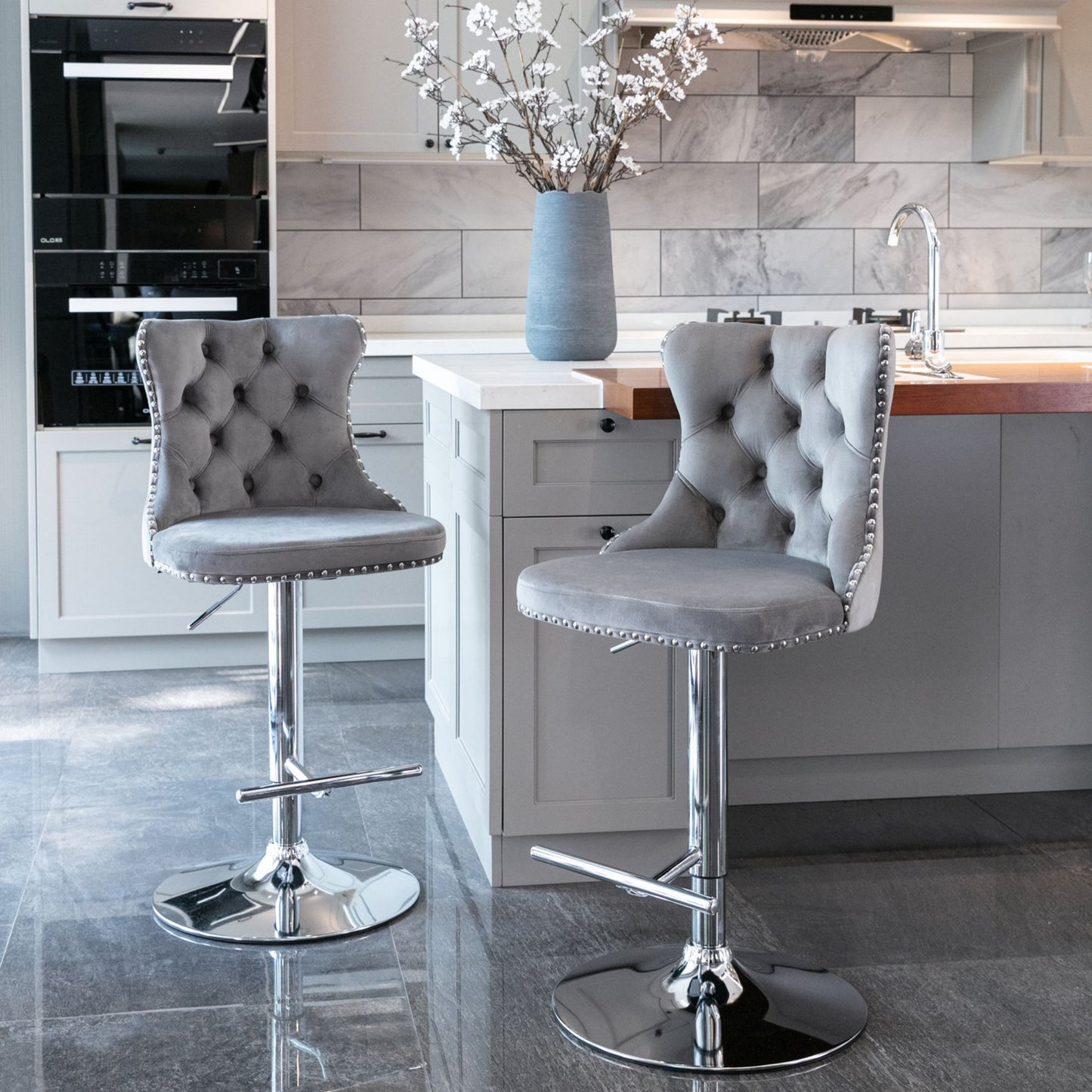 Swivel Velvet Bar Stools, Chrome Base Barstools Set of 2 with Tufted Backs, Modern Upholstered Adjustable Seat for Home Pub and Kitchen Island