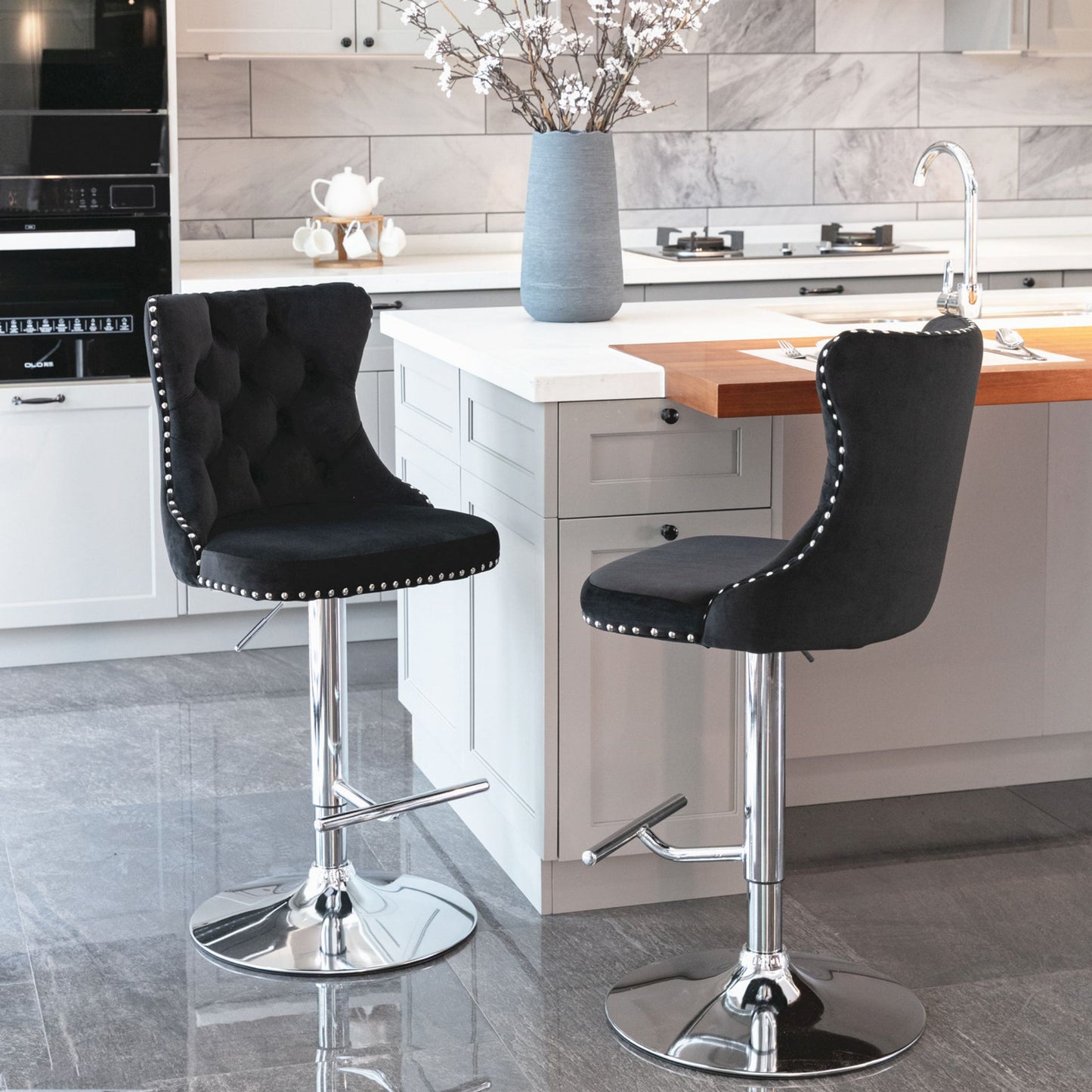 Swivel Velvet Bar Stools, Chrome Base Barstools Set of 2 with Tufted Backs, Modern Upholstered Adjustable Seat for Home Pub and Kitchen Island