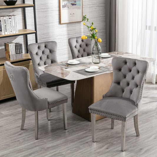 Dining Chairs, Modern Velvet Upholstered Chairs with Chrome Stainless Steel Plating Legs, Tufted Solid Wood Kitchen Chairs Set of 2 with Nailhead Trim and Back Ring, Gray