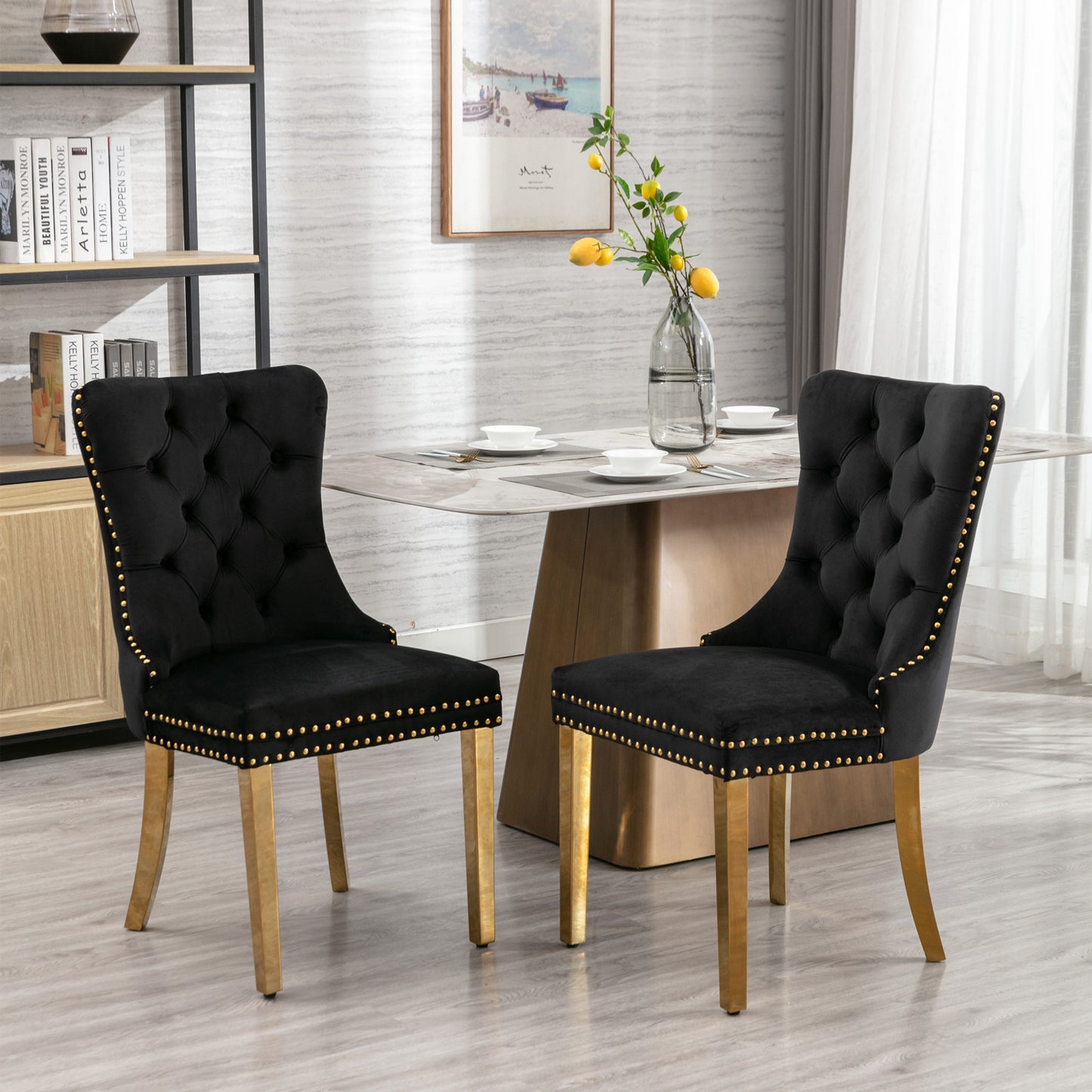 Upholstered Dining Chairs, Modern Velvet Chairs with Golden Stainless Steel Plating Legs, Tufted Solid Wood Kitchen Chairs Set of 2 with Nailhead Trim and Back Ring, Beige