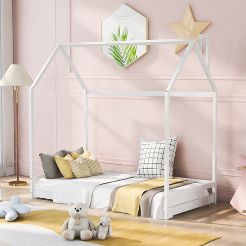 Sesslife Twin House Bed with Roof, Kids Floor House Bed Frame, Box Spring Needed, Easy Assembly, White