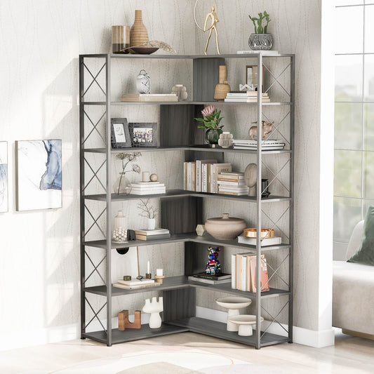 7-Tier Corner Bookshelf, Wood Etagere Bookcase with Metal Frame, Industrial L-Shaped Book Shelf with Open Storage, Freestanding Tall Open Display Bookshelf for Home Office, Silver & Grey