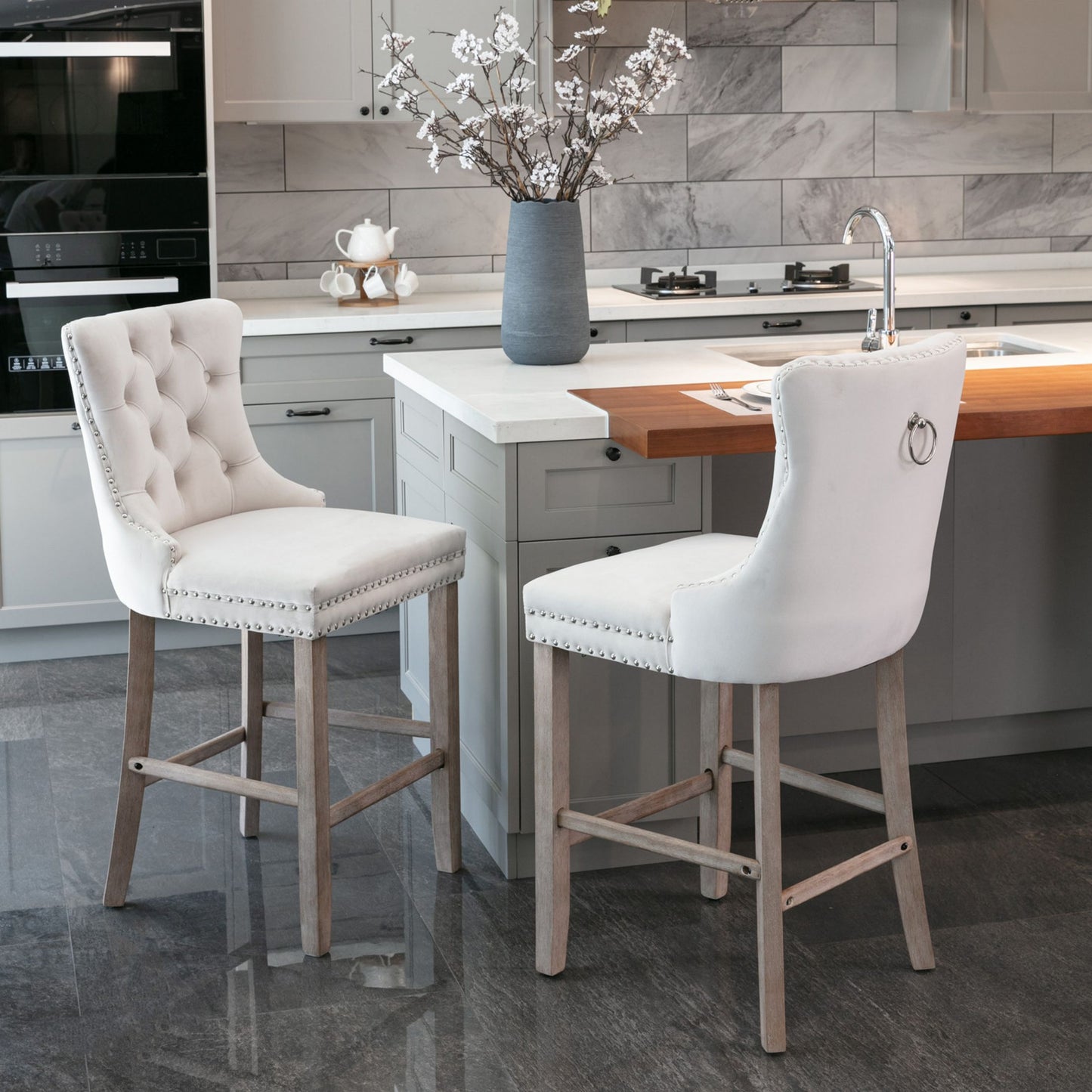 Velvet Bar Stools, Upholstered Barstools Set of 2 with Wood Legs and Tufted, Leisure Bar Chairs with Chrome Nailhead Trim for Home Pub and Kitchen Island,