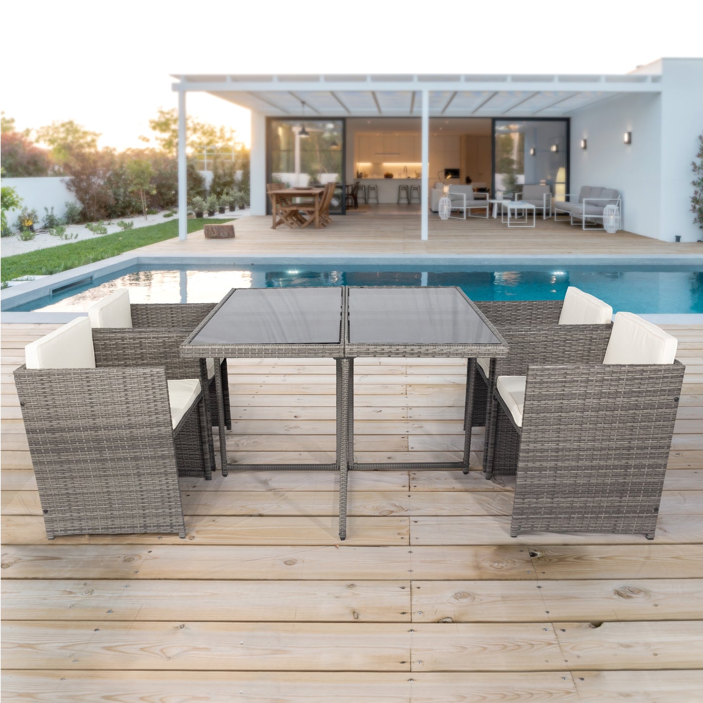 Patio Furniture Dining Sets, Outdoor Sectional Sofa Set, PE Wicker Table with Chairs and Washable Cushions