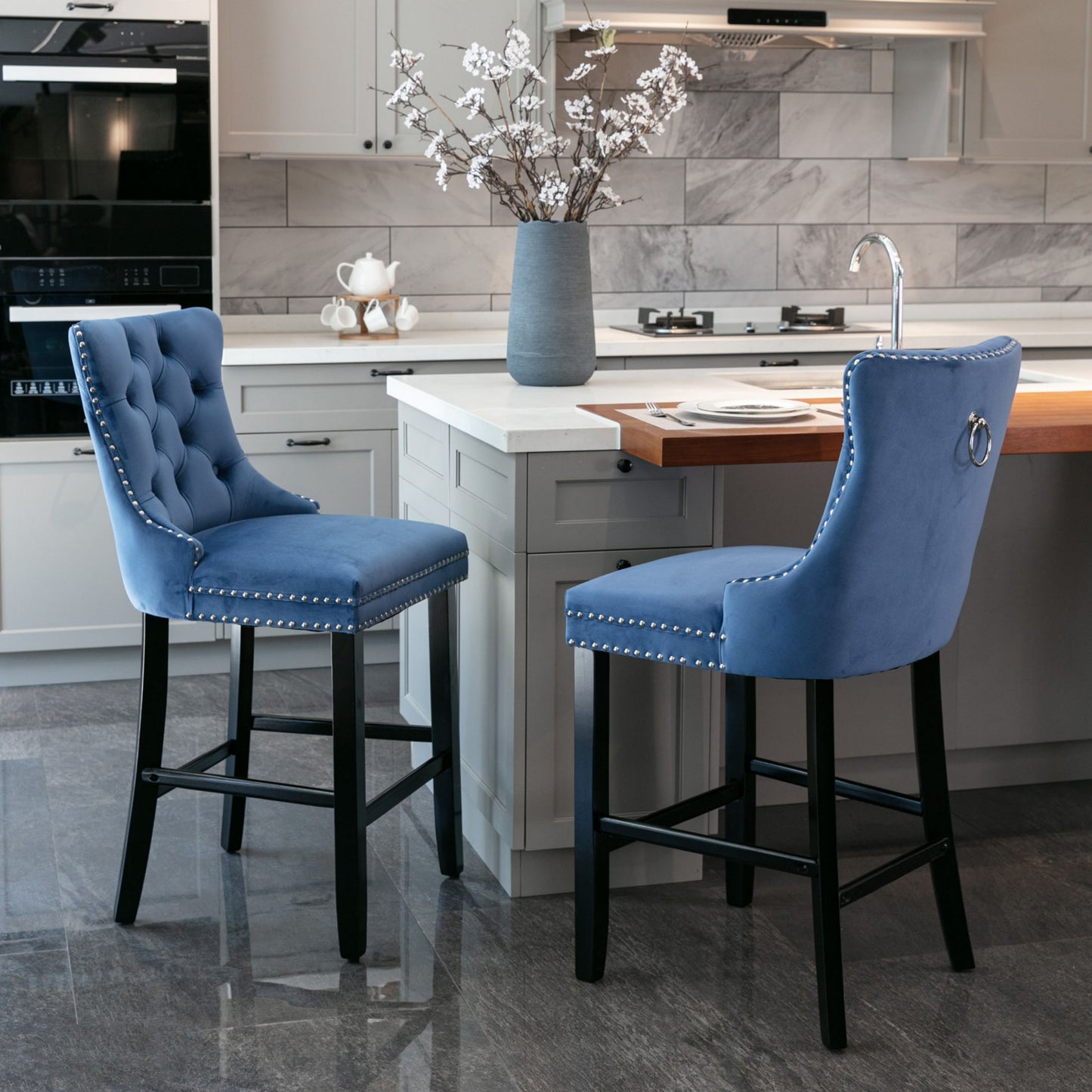 Velvet Bar Stools, Upholstered Barstools Set of 2 with Wood Legs and Tufted, Leisure Bar Chairs with Chrome Nailhead Trim for Home Pub and Kitchen Island,