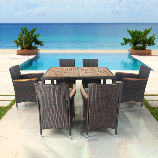 7 Piece Patio Table and Chairs, All Weather Brown Wicker Outdoor Furniture Dining Set with 6 Chairs and Removable Cushion