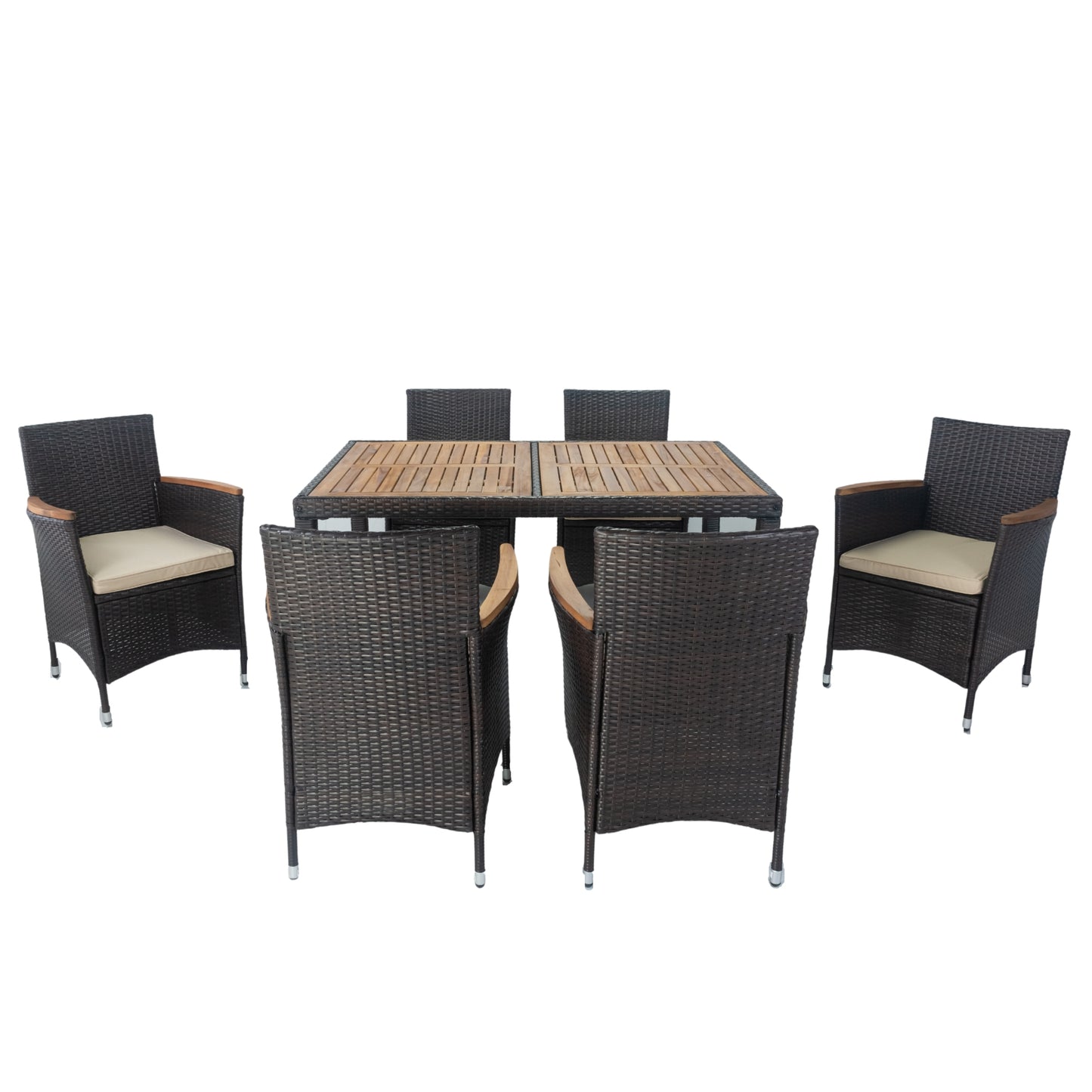 7 Piece Patio Table and Chairs, All Weather Brown Wicker Outdoor Furniture Dining Set with 6 Chairs and Removable Cushion