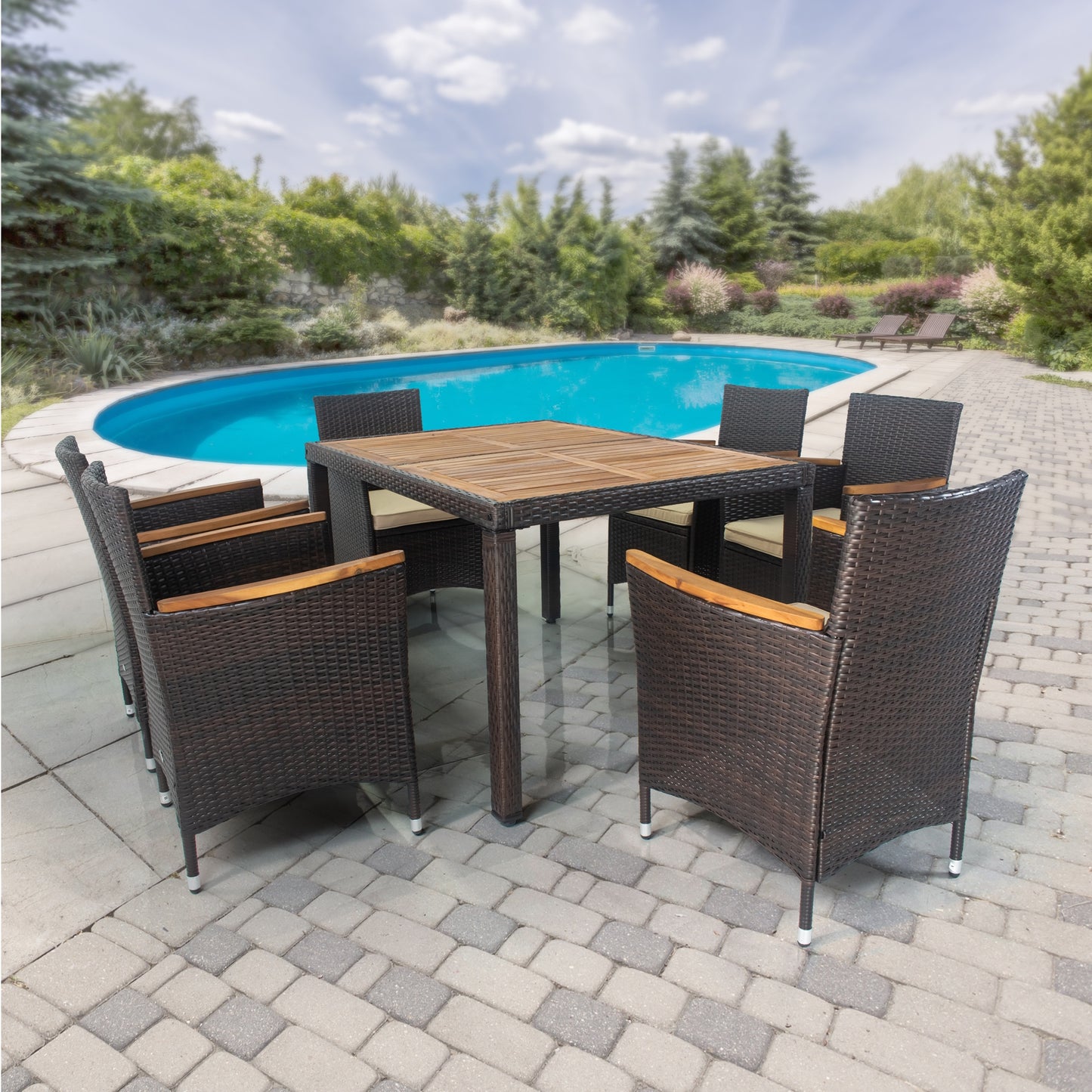 7 Piece Patio Table and Chairs, All Weather Brown Wicker Outdoor Furniture Dining Set with 6 Chairs and Removable Cushion