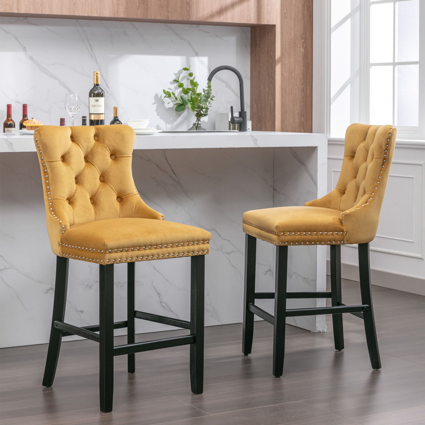 Velvet Bar Stools, Upholstered Barstools Set of 2 with Wood Legs and Tufted, Leisure Bar Chairs with Chrome Nailhead Trim for Home Pub and Kitchen Island,