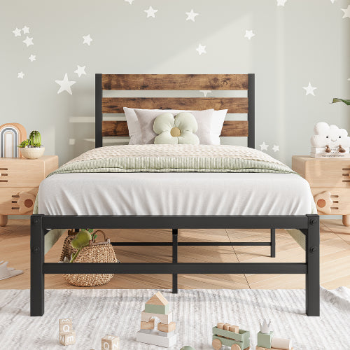 SESSLIFE Twin Size Platform Bed Frame with Metal Slats, Rustic Country Style Mattress Foundation, Strong Metal Slats Support, Easy Assembly, Black