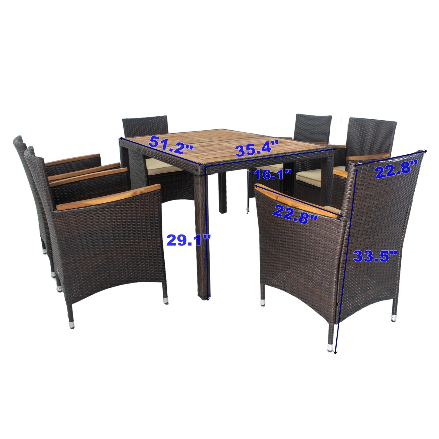 7 Piece Patio Table and Chairs, All Weather Brown Wicker Outdoor Furniture Dining Set with 6 Chairs and Removable Cushion