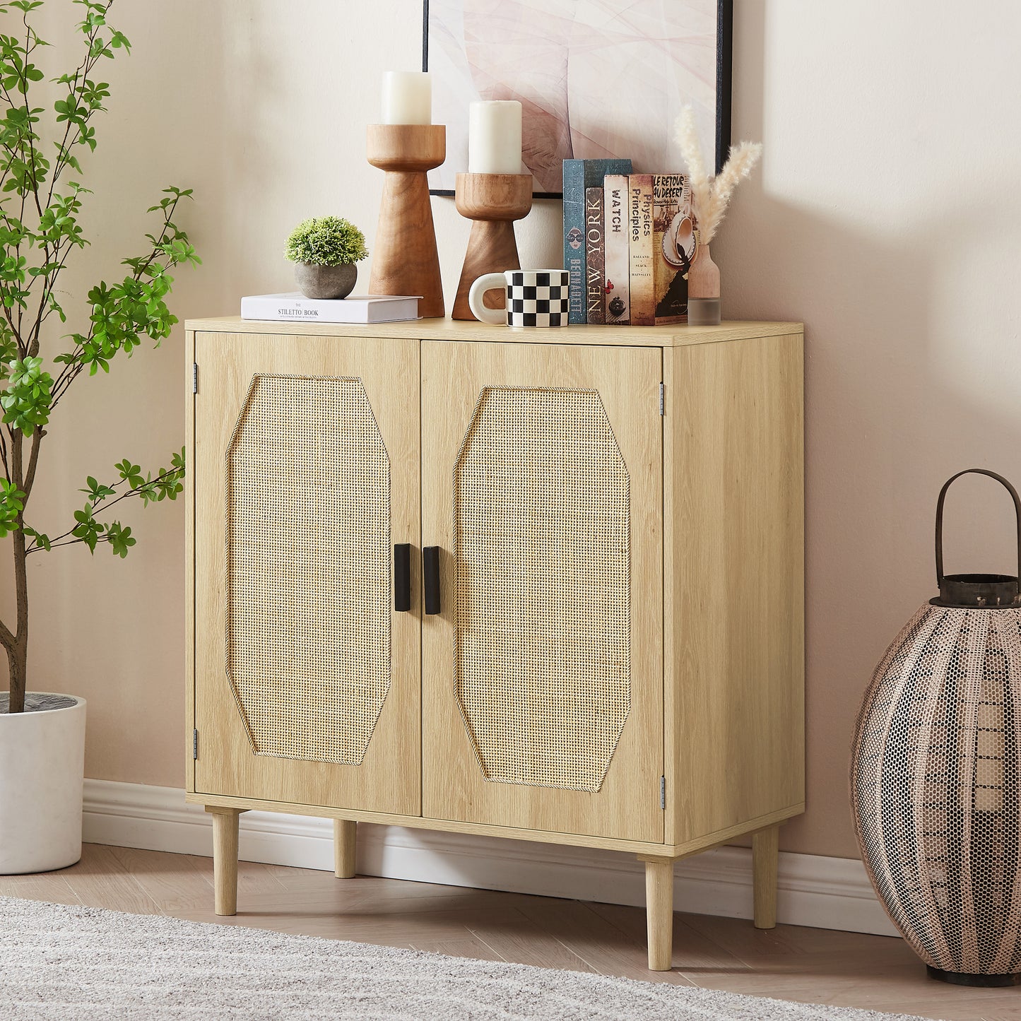 Sideboard Buffet Cabinet, Modern Kitchen Storage Cabinet with Rattan Decorative Doors, Storage Cabinet for Buffet, Wine Cabinet, Dining Room, Hallway, Cabinet Console Table, Natural