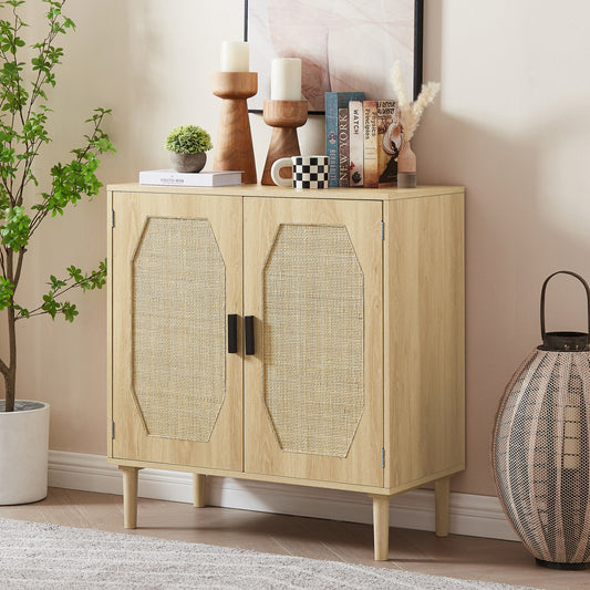 Sideboard Buffet Cabinet, Modern Kitchen Storage Cabinet with Rattan Decorative Doors, Storage Cabinet for Buffet, Wine Cabinet, Dining Room, Hallway, Cabinet Console Table, Natural