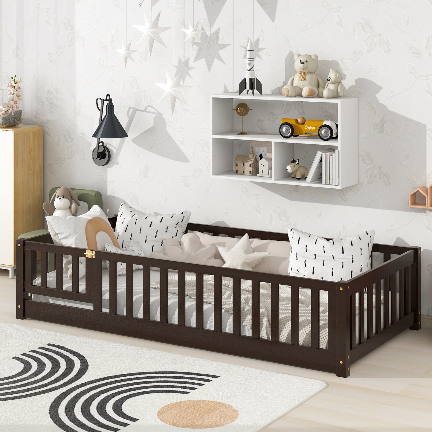 Sesslife Twin Size Floor Bed with Door and Fence, Wood Floor Platform Bed with Slats, Toddler Bed for Kids Boys Girls, Montessori Bed, No Box Spring Needed, Grey