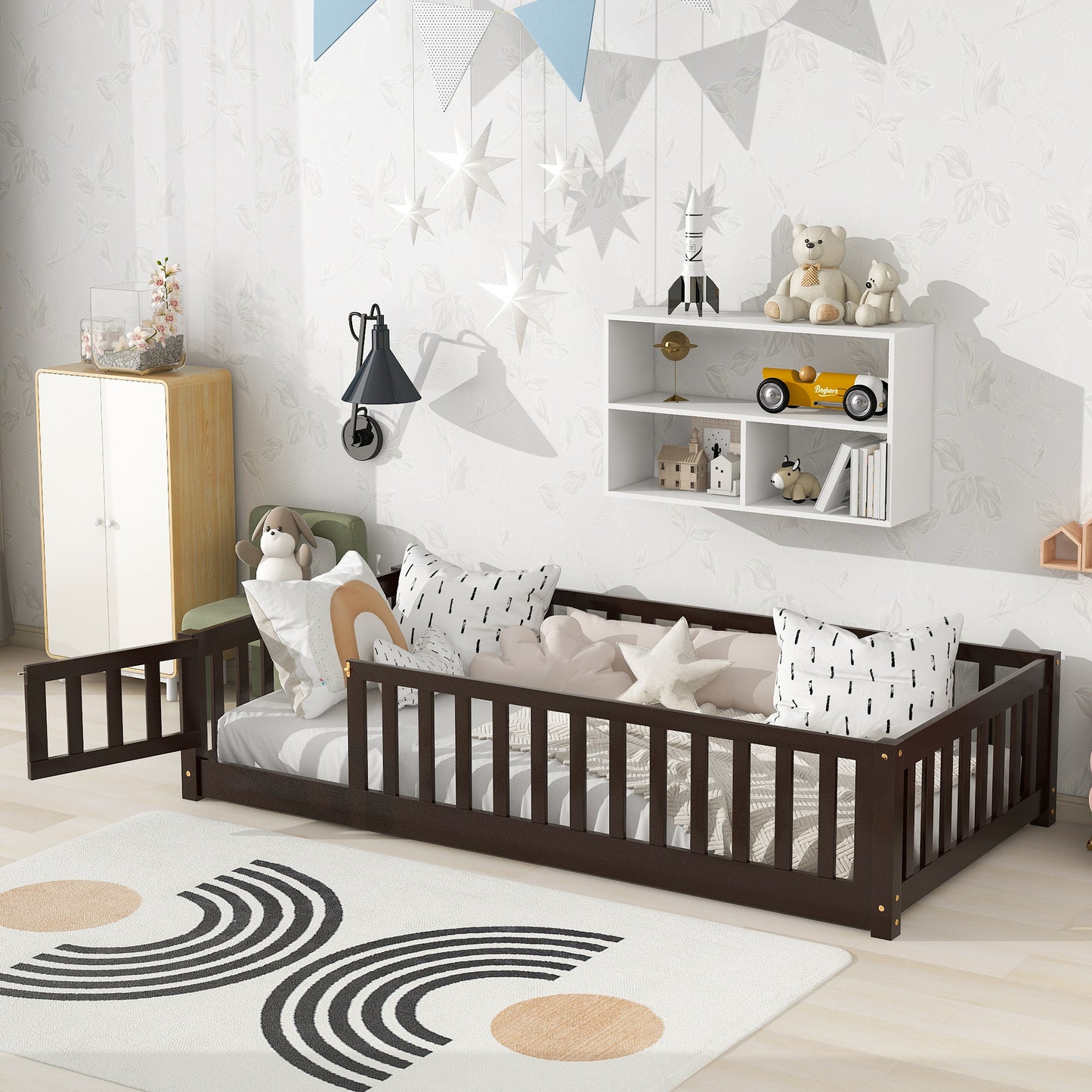Sesslife Twin Size Floor Bed with Door and Fence, Wood Floor Platform Bed with Slats, Toddler Bed for Kids Boys Girls, Montessori Bed, No Box Spring Needed, Grey