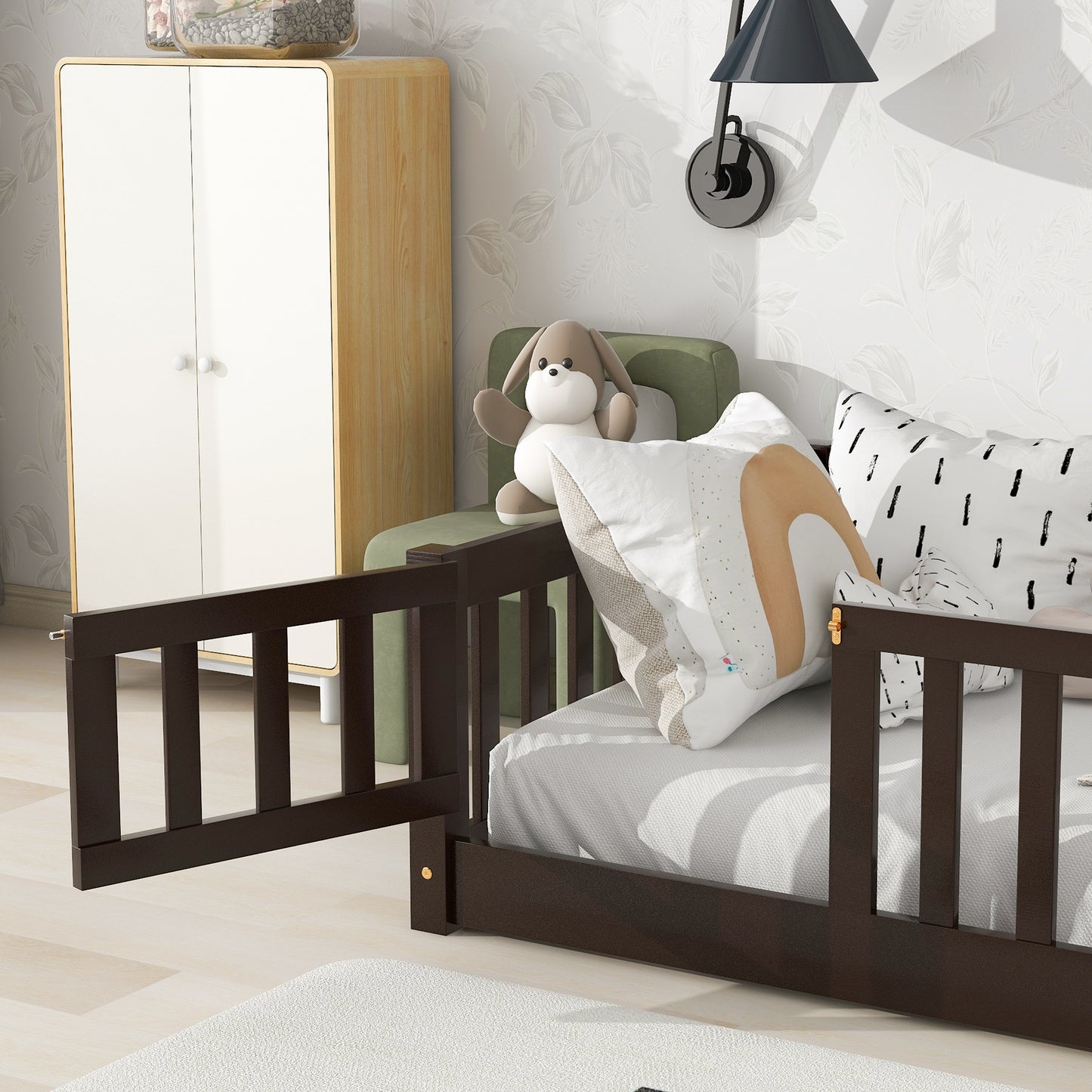 Sesslife Twin Size Floor Bed with Door and Fence, Wood Floor Platform Bed with Slats, Toddler Bed for Kids Boys Girls, Montessori Bed, No Box Spring Needed, Grey
