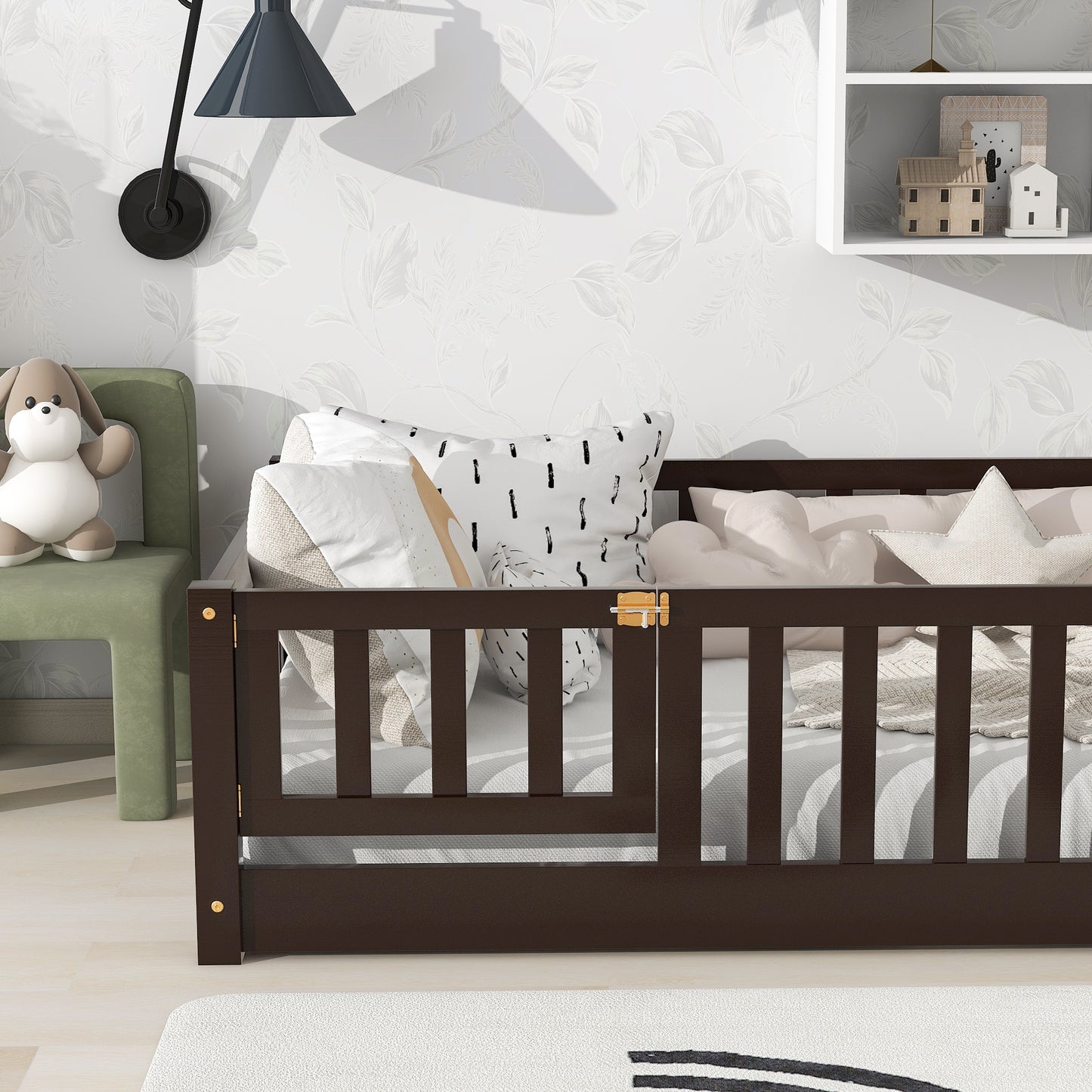 Sesslife Twin Size Floor Bed with Door and Fence, Wood Floor Platform Bed with Slats, Toddler Bed for Kids Boys Girls, Montessori Bed, No Box Spring Needed, Grey