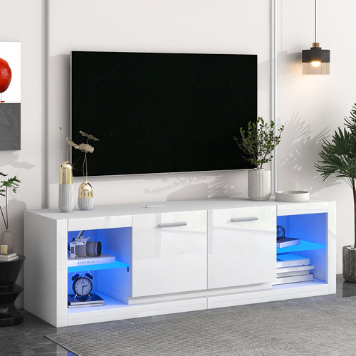 SESSLIFE Entertainment Center with LED Lights, Modern TV Stand for 70 inch TV, TV & Media Furniture with Storage, Media Table for Living Room, Bedroom (White)