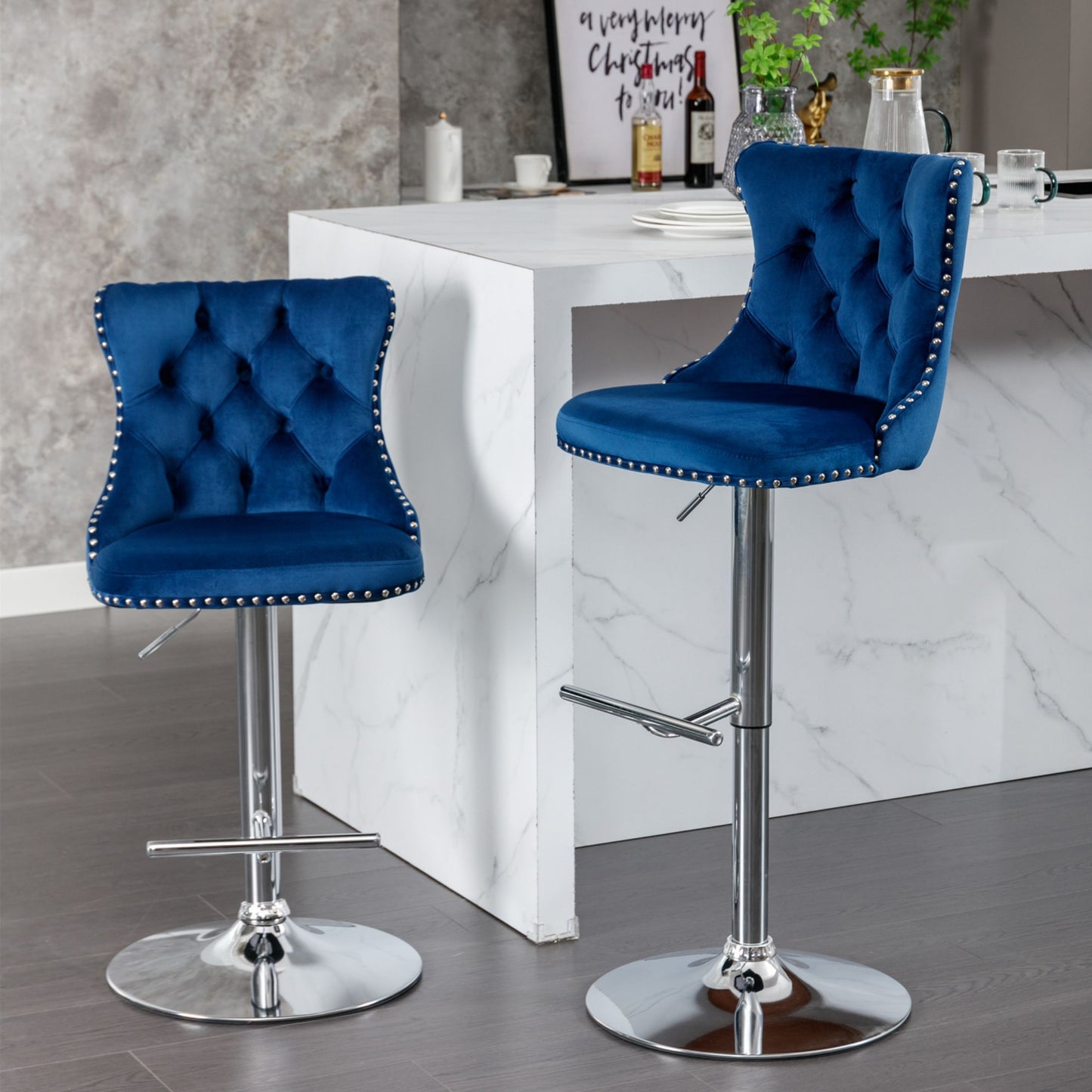 Swivel Velvet Bar Stools, Chrome Base Barstools Set of 2 with Tufted Backs, Modern Upholstered Adjustable Seat for Home Pub and Kitchen Island