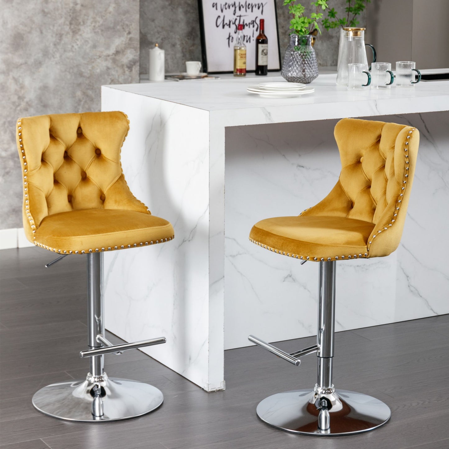 Swivel Velvet Bar Stools, Chrome Base Barstools Set of 2 with Tufted Backs, Modern Upholstered Adjustable Seat for Home Pub and Kitchen Island