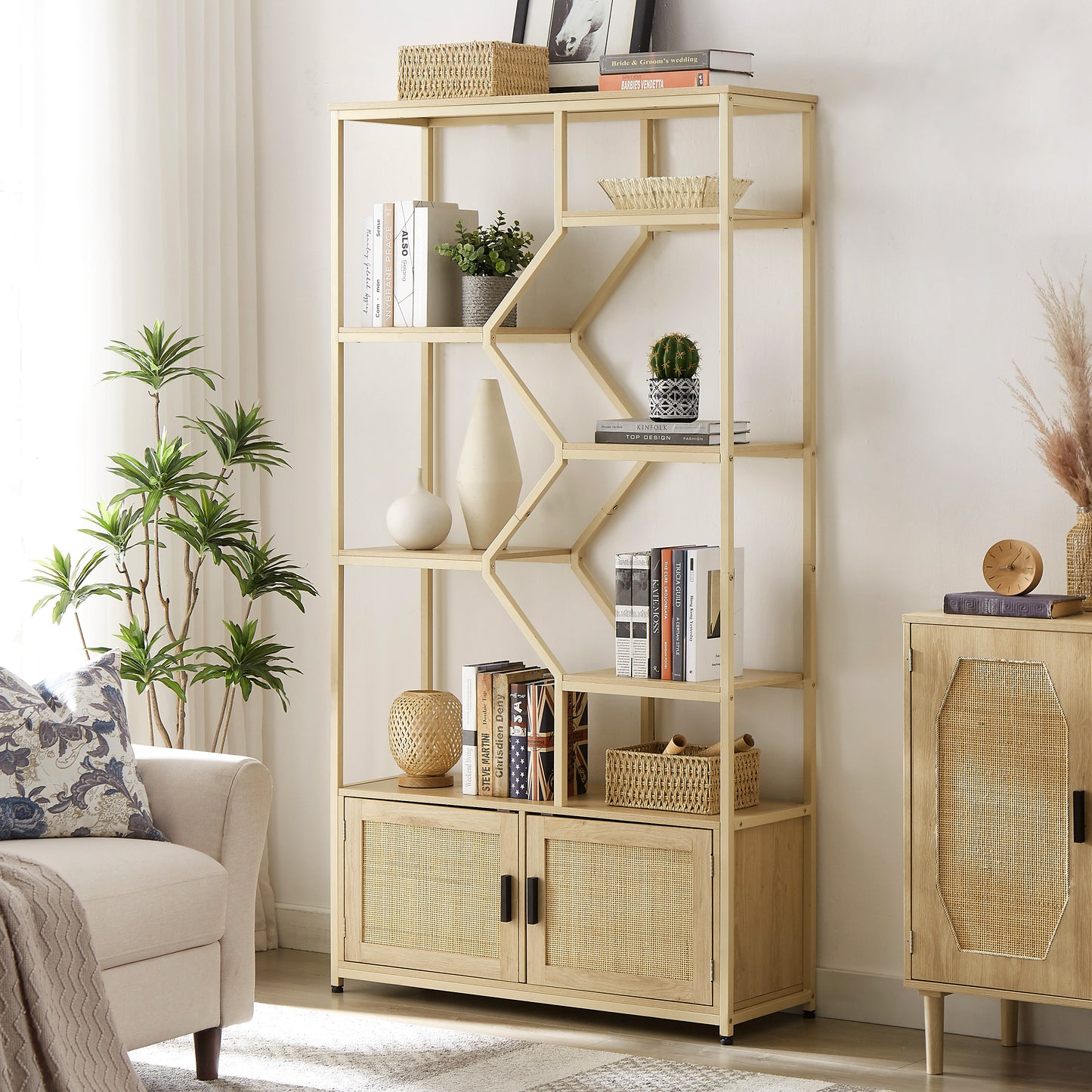 Bookshelf with Storage, Rattan Bookshelf with 7 Tiers Bookcases Storage Rack, Bookcase with Storage Cabinet for Living Room Home Office, Natural