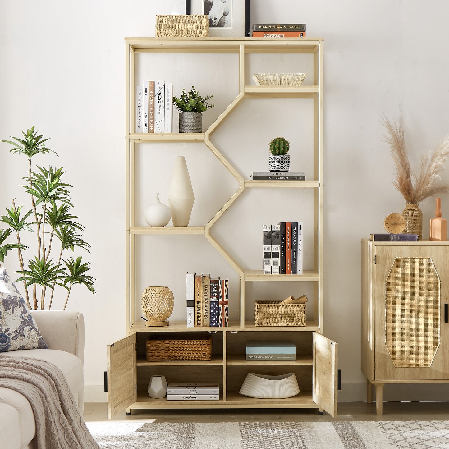 Bookshelf with Storage, Rattan Bookshelf with 7 Tiers Bookcases Storage Rack, Bookcase with Storage Cabinet for Living Room Home Office, Natural