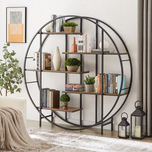 5 Tiers Bookcase Bookshelf, Round Display Shelf with Open Shelves, Vintage Plant Stand with Metal Frame, Freestanding Storage Rack for Living Room, Terrace, Rustic Brown