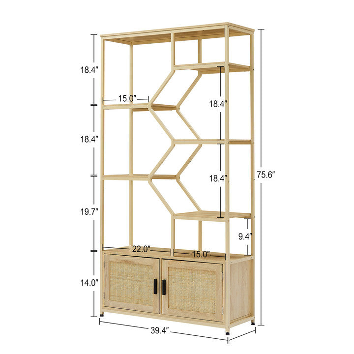 Bookshelf with Storage, Rattan Bookshelf with 7 Tiers Bookcases Storage Rack, Bookcase with Storage Cabinet for Living Room Home Office, Natural