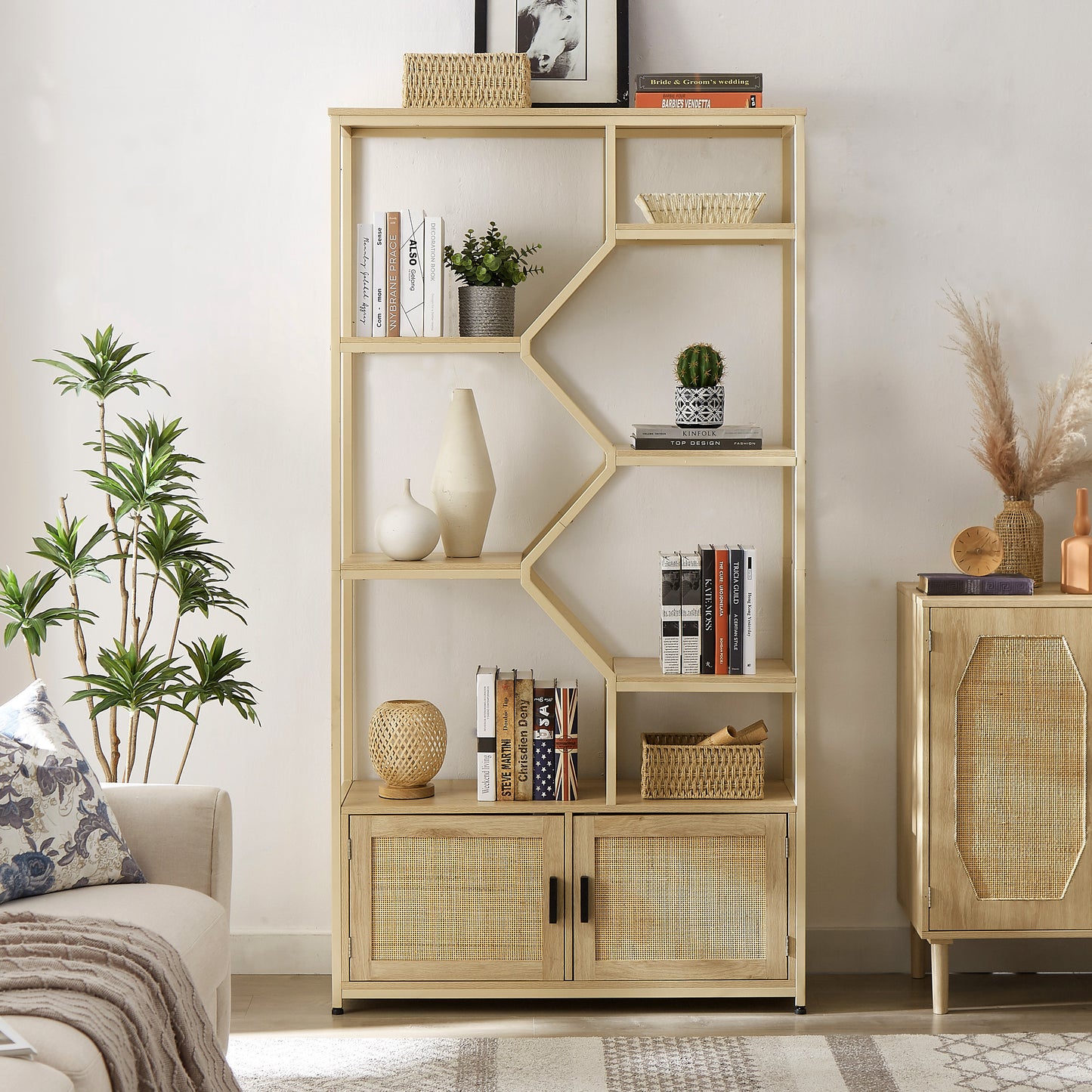 Bookshelf with Storage, Rattan Bookshelf with 7 Tiers Bookcases Storage Rack, Bookcase with Storage Cabinet for Living Room Home Office, Natural