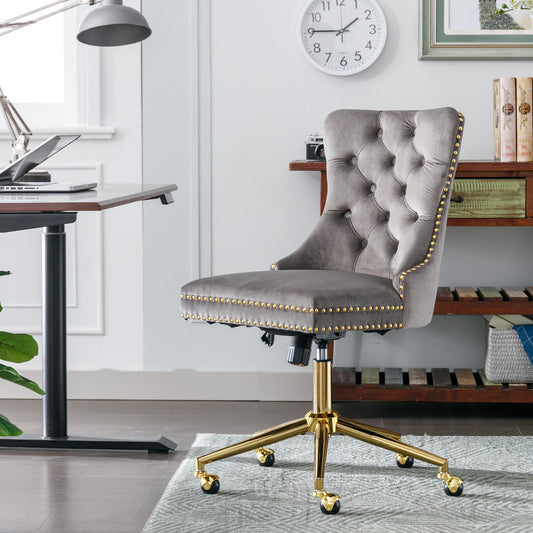 Office Chair, Velvet Upholstered Home Office Chair with Gold Metal Base, Adjustable Swivel Desk Chair with Tufted Button, Gray