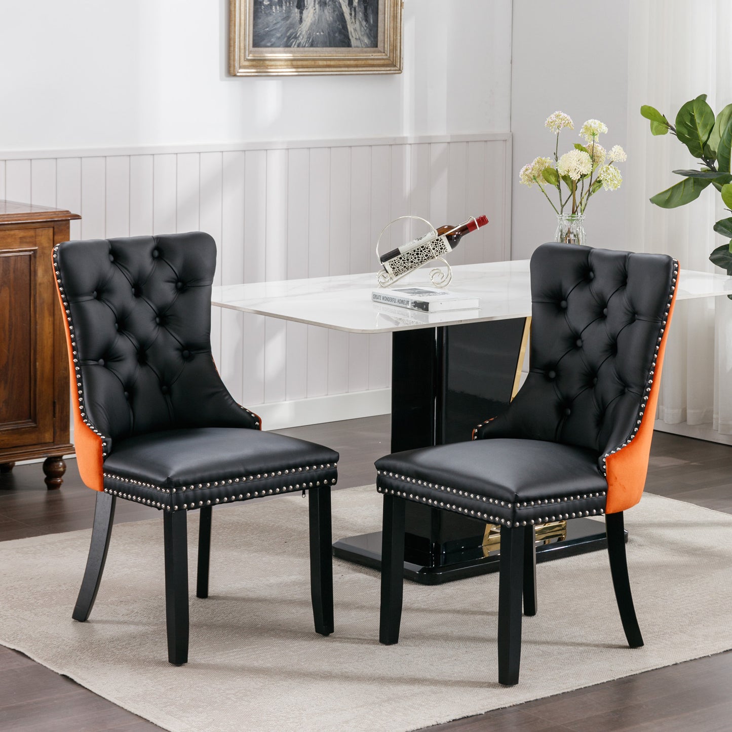 Dining Chairs, Modern Wood and PU Dining Chairs Set of 2 with Back Ring and Nailhead Trim, Upholstered Tufted Velvet Chair with Wood Legs for Dining Room, Kitchen