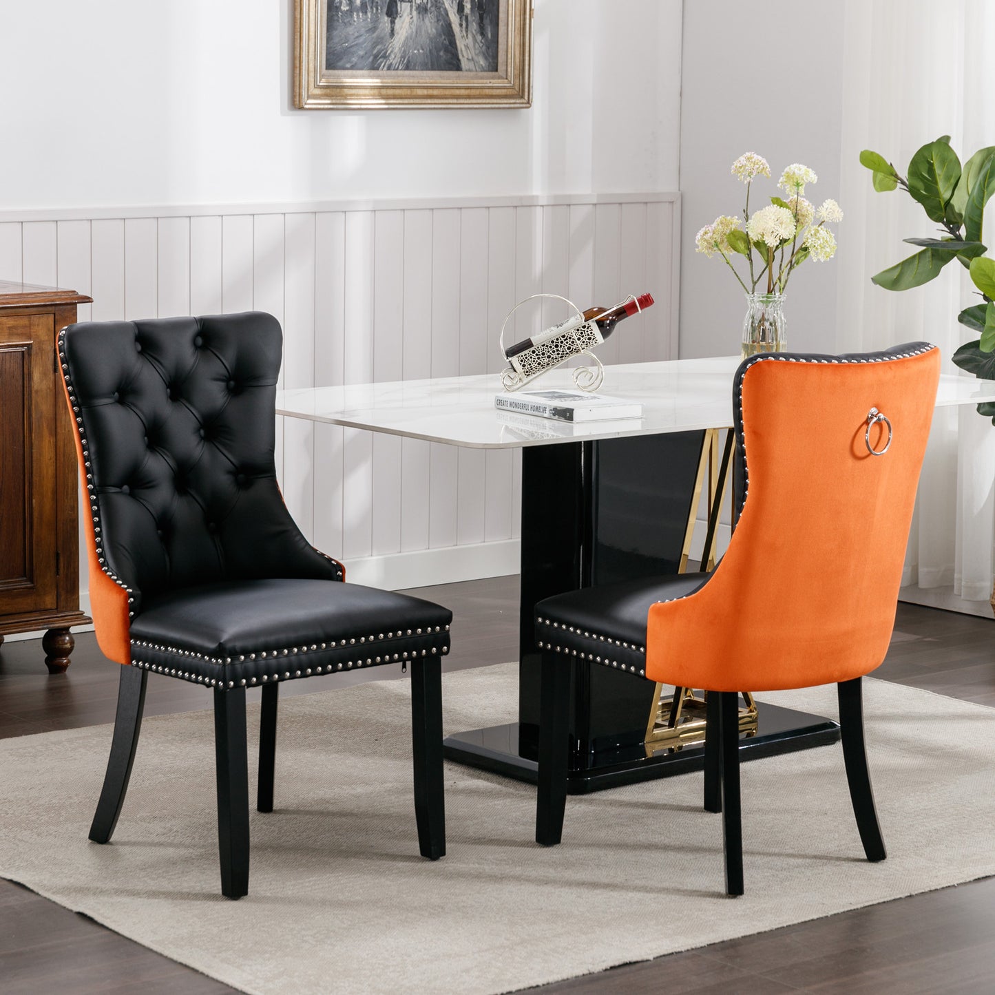 SESSLIFE Tufted Dining Chairs Set of 2, High Back PU Leather Side Chairs with Nailhead Trim and Solid Wood Legs, White and Black