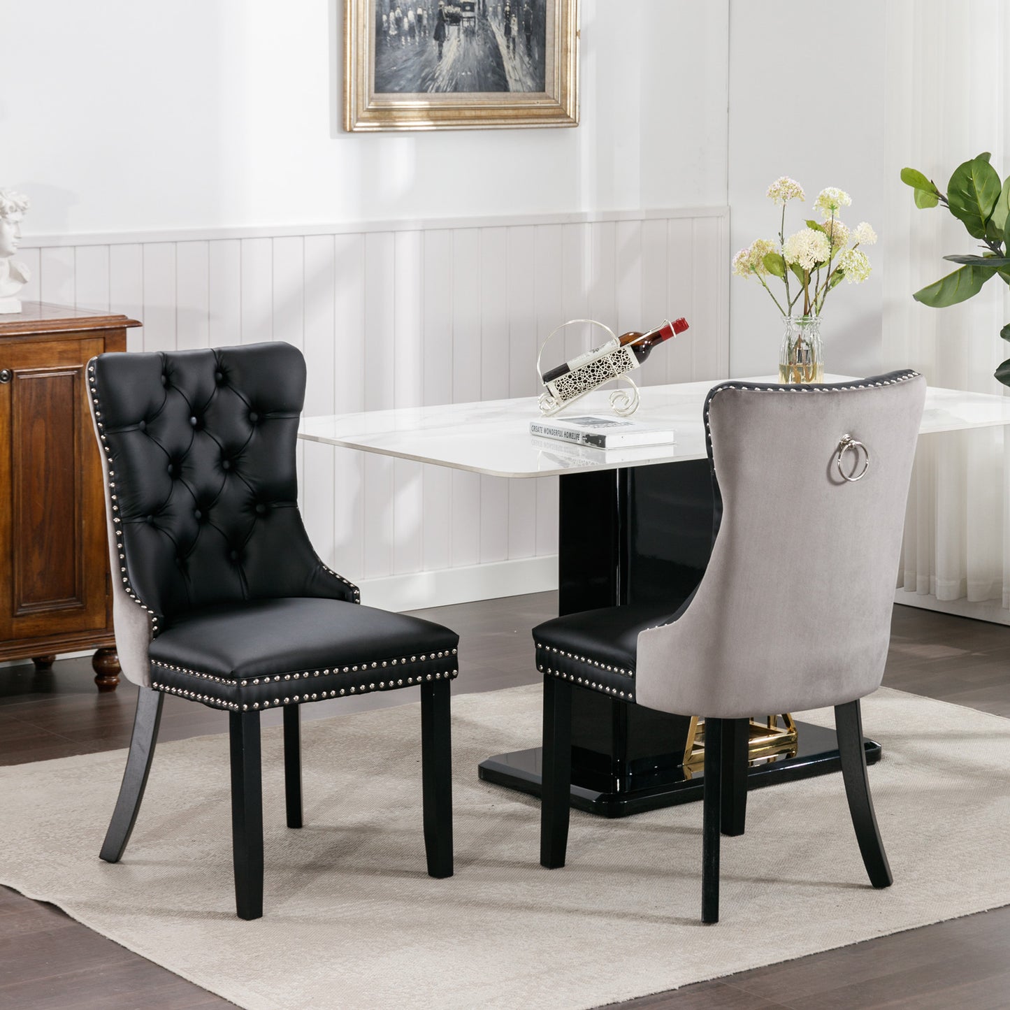SESSLIFE Tufted Dining Chairs Set of 2, High Back PU Leather Side Chairs with Nailhead Trim and Solid Wood Legs, White and Black