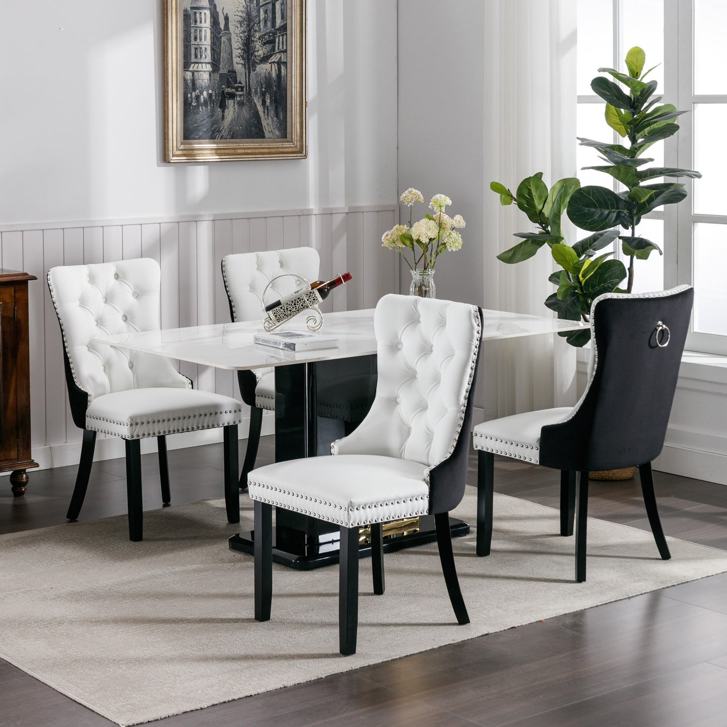 SESSLIFE Tufted Dining Chairs Set of 2, High Back PU Leather Side Chairs with Nailhead Trim and Solid Wood Legs, White and Black