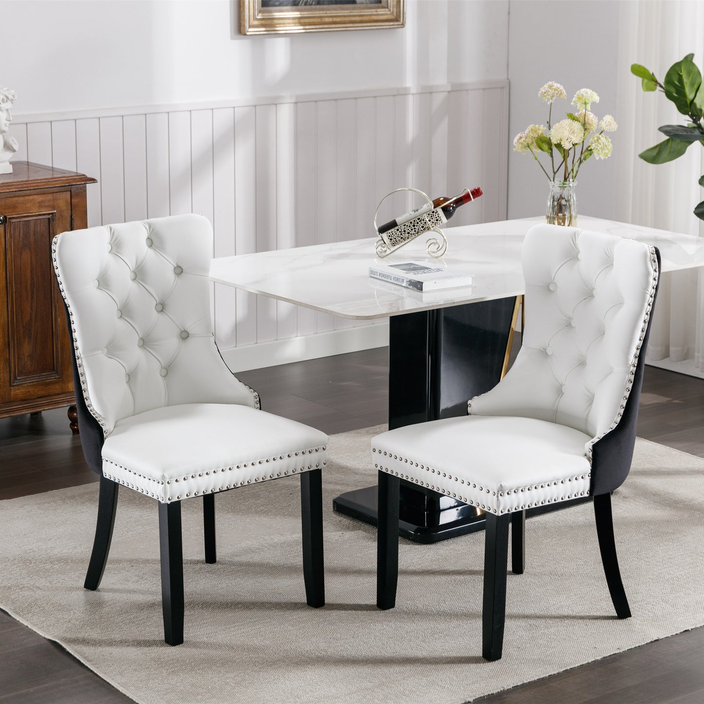 SESSLIFE Tufted Dining Chairs Set of 2, High Back PU Leather Side Chairs with Nailhead Trim and Solid Wood Legs, White and Black