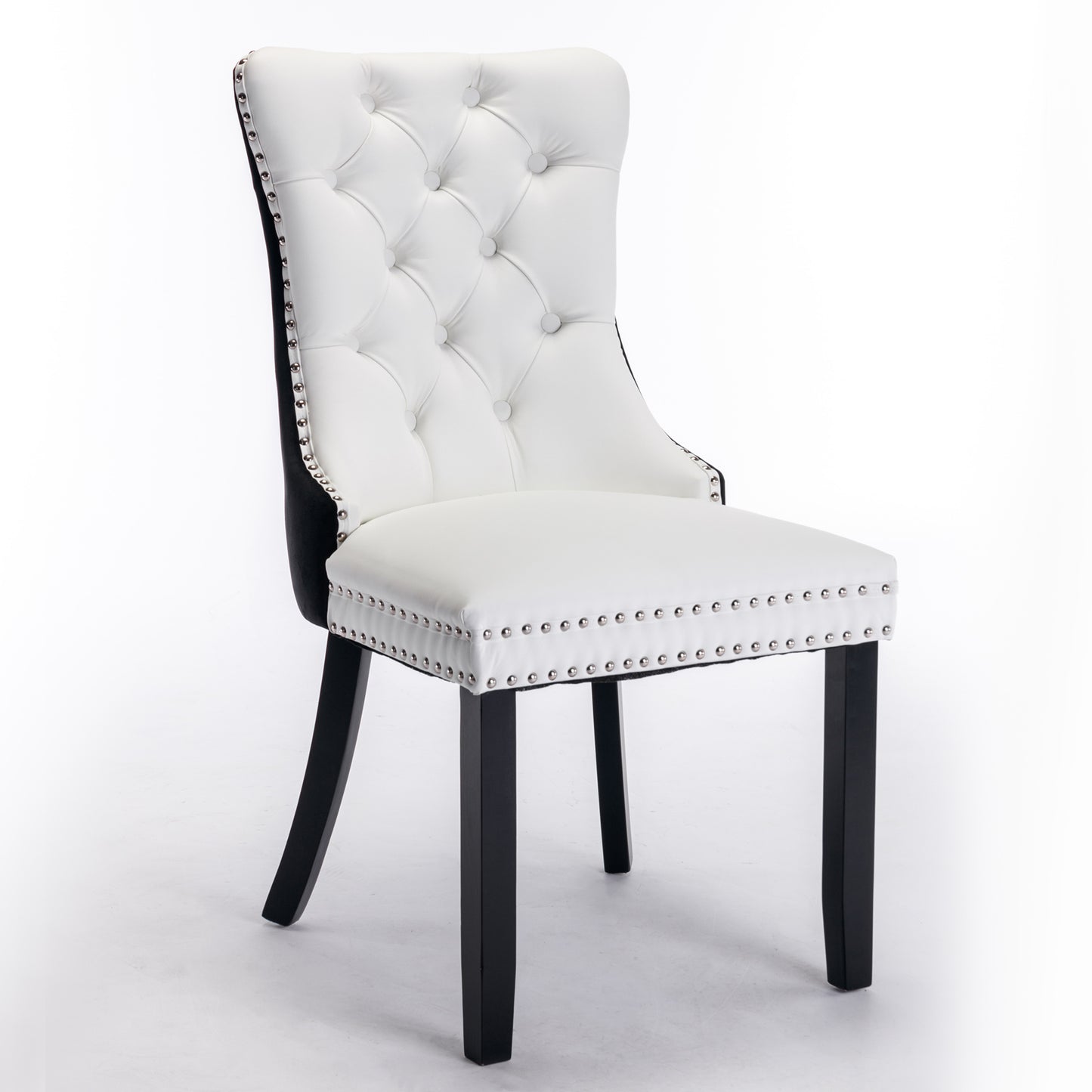 SESSLIFE Tufted Dining Chairs Set of 2, High Back PU Leather Side Chairs with Nailhead Trim and Solid Wood Legs, White and Black
