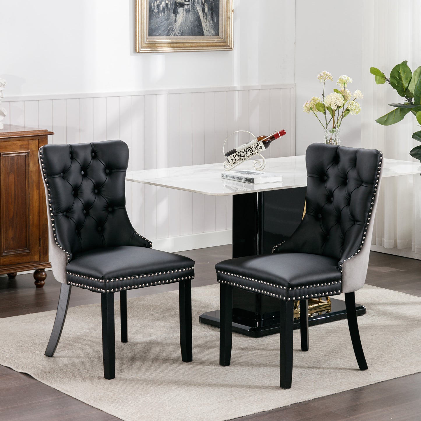 Dining Chairs, Modern Wood and PU Dining Chairs Set of 2 with Back Ring and Nailhead Trim, Upholstered Tufted Velvet Chair with Wood Legs for Dining Room, Kitchen