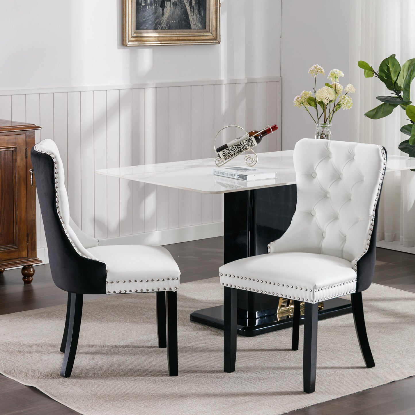 SESSLIFE Tufted Dining Chairs Set of 2, High Back PU Leather Side Chairs with Nailhead Trim and Solid Wood Legs, White and Black