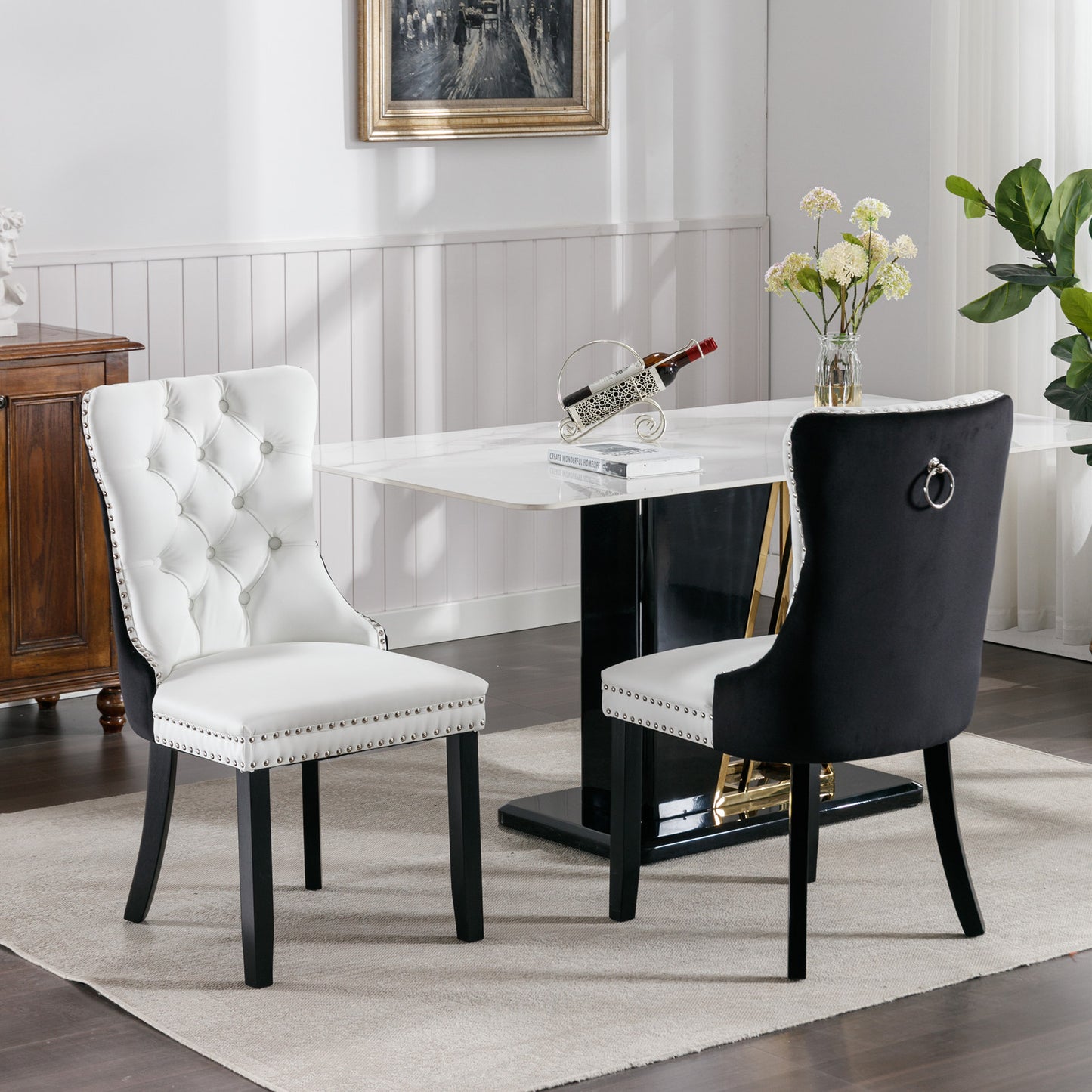 SESSLIFE Tufted Dining Chairs Set of 2, High Back PU Leather Side Chairs with Nailhead Trim and Solid Wood Legs, White and Black
