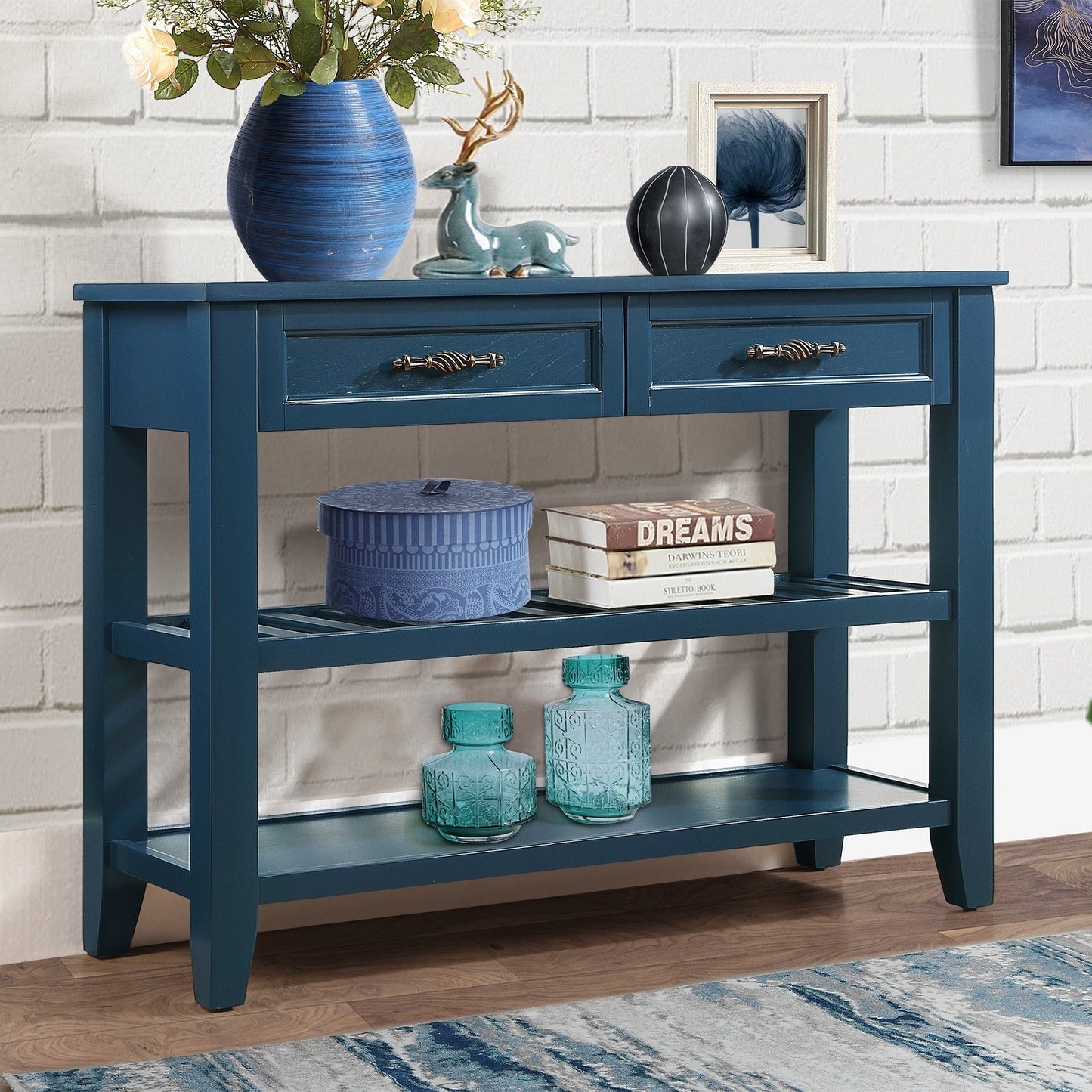 SESSLIFE 42 Inch Solid Wood Console Sofa Table with 2 Drawers and 2 Tier Shelves, Mid-Century Entryway Table Buffet Sideboard for Living Room Hallway Kitchen, Espresso