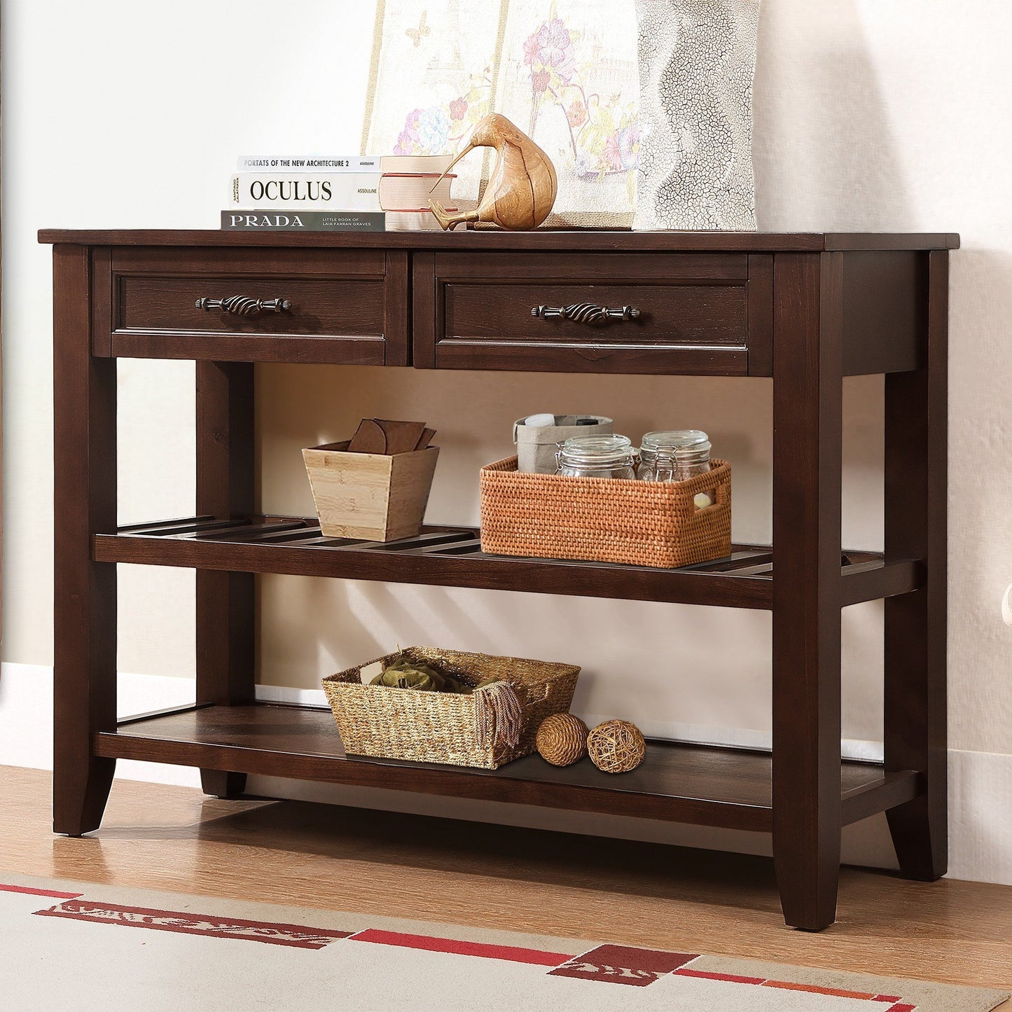 SESSLIFE 42 Inch Solid Wood Console Sofa Table with 2 Drawers and 2 Tier Shelves, Mid-Century Entryway Table Buffet Sideboard for Living Room Hallway Kitchen, Espresso