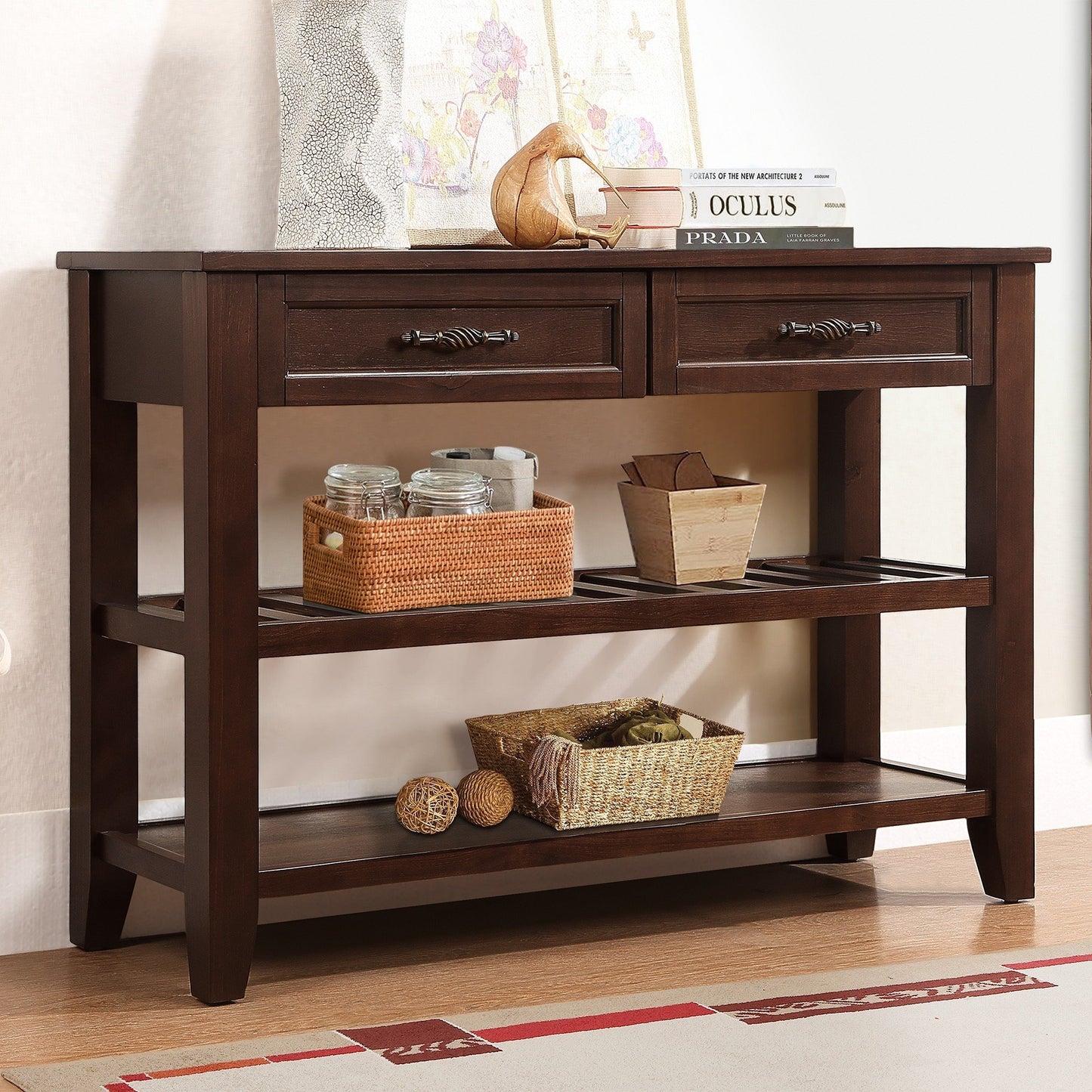 SESSLIFE 42 Inch Solid Wood Console Sofa Table with 2 Drawers and 2 Tier Shelves, Mid-Century Entryway Table Buffet Sideboard for Living Room Hallway Kitchen, Espresso