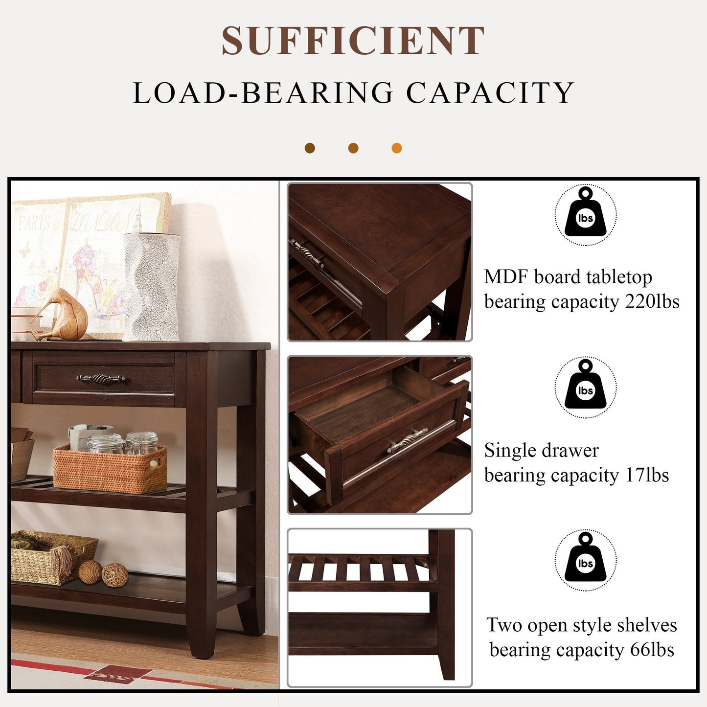 SESSLIFE 42 Inch Solid Wood Console Sofa Table with 2 Drawers and 2 Tier Shelves, Mid-Century Entryway Table Buffet Sideboard for Living Room Hallway Kitchen, Espresso