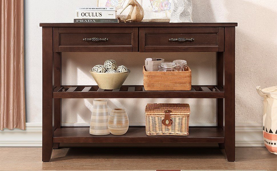 SESSLIFE 42 Inch Solid Wood Console Sofa Table with 2 Drawers and 2 Tier Shelves, Mid-Century Entryway Table Buffet Sideboard for Living Room Hallway Kitchen, Espresso