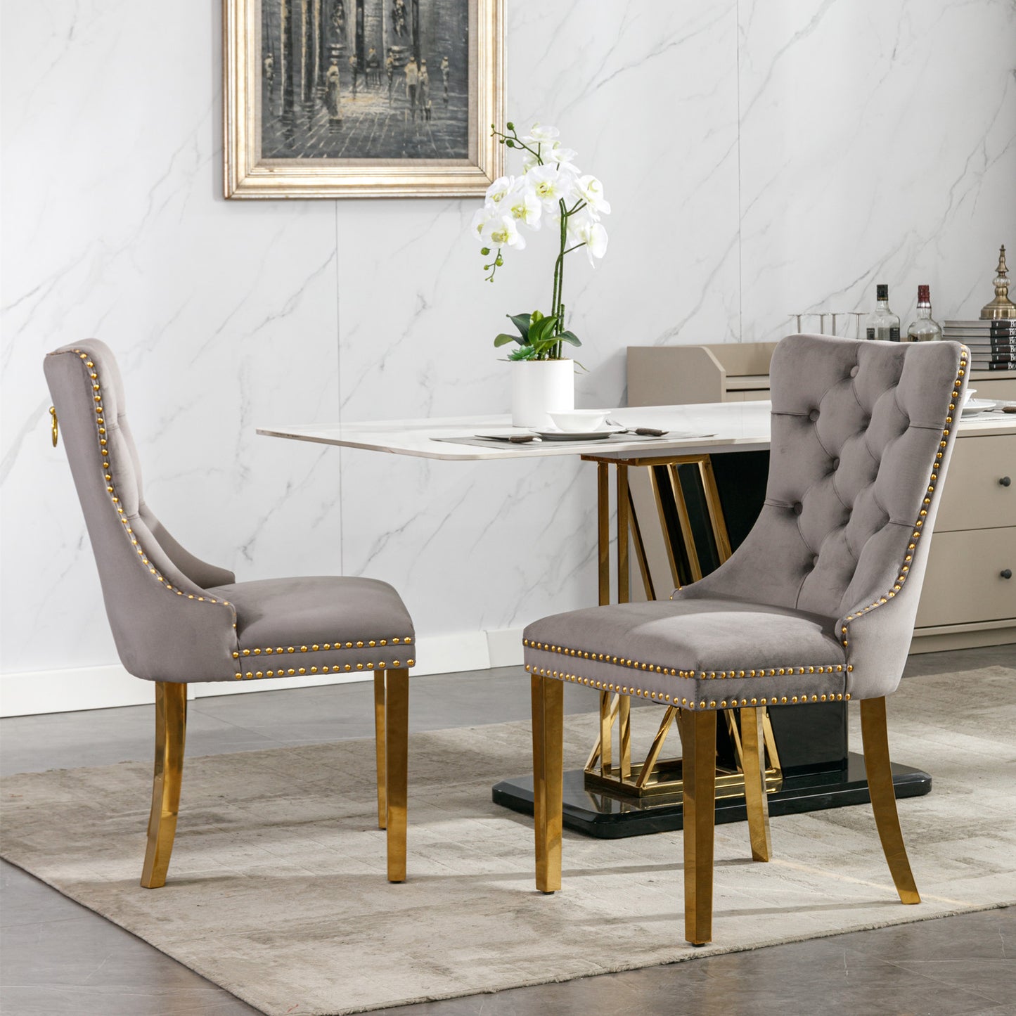 Upholstered Dining Chairs, Modern Velvet Chairs with Golden Stainless Steel Plating Legs, Tufted Solid Wood Kitchen Chairs Set of 2 with Nailhead Trim and Back Ring, Beige