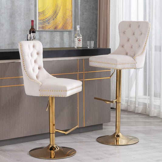 Bar Stools Set of 2, Gold Velvet Swivel Barstools with Tufted Backs and Footrests, Upholstered Adjustable Seat From 27" to 35" for Home Pub, Kitchen Island, Beige